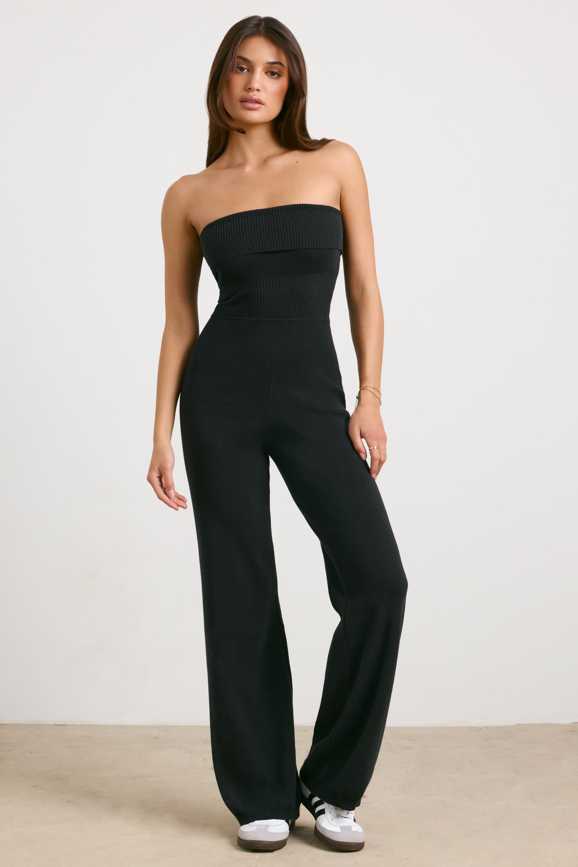 Chunky Knit Kick Flare Jumpsuit in Black