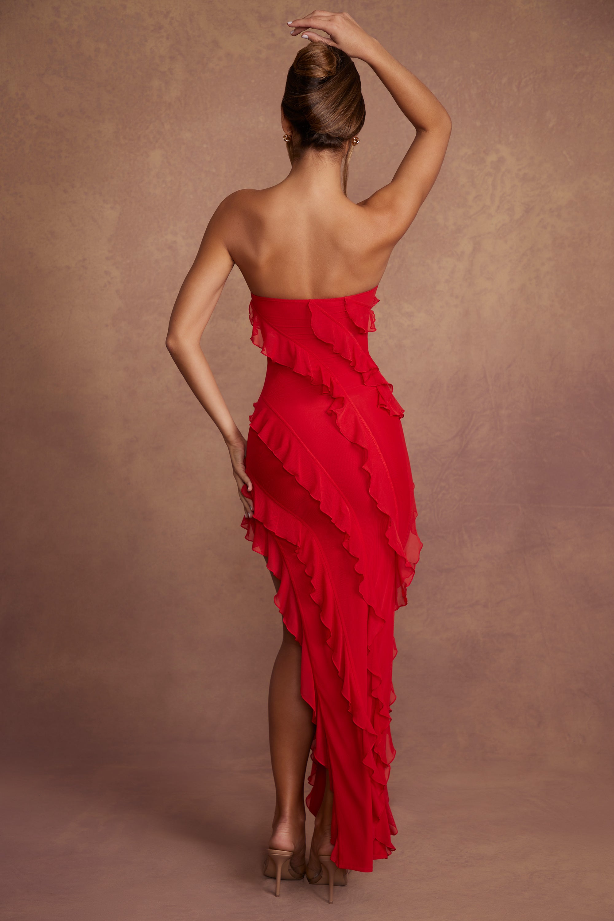 Nevali-Bandeau Ruffle Detail Maxi Dress in Red