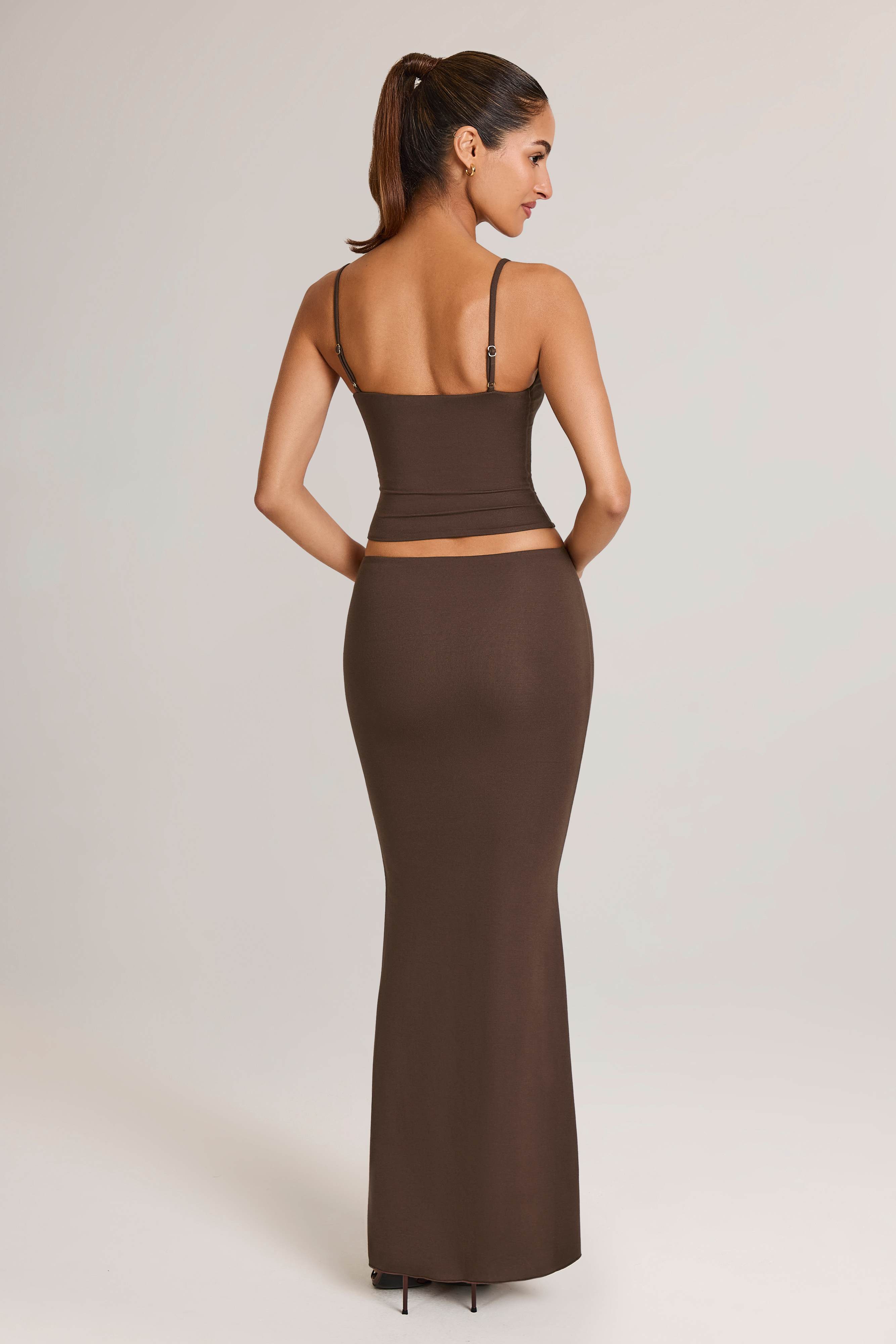 Avenley-Modal Mid-Rise Fishtail Maxi Skirt in Chocolate Brown