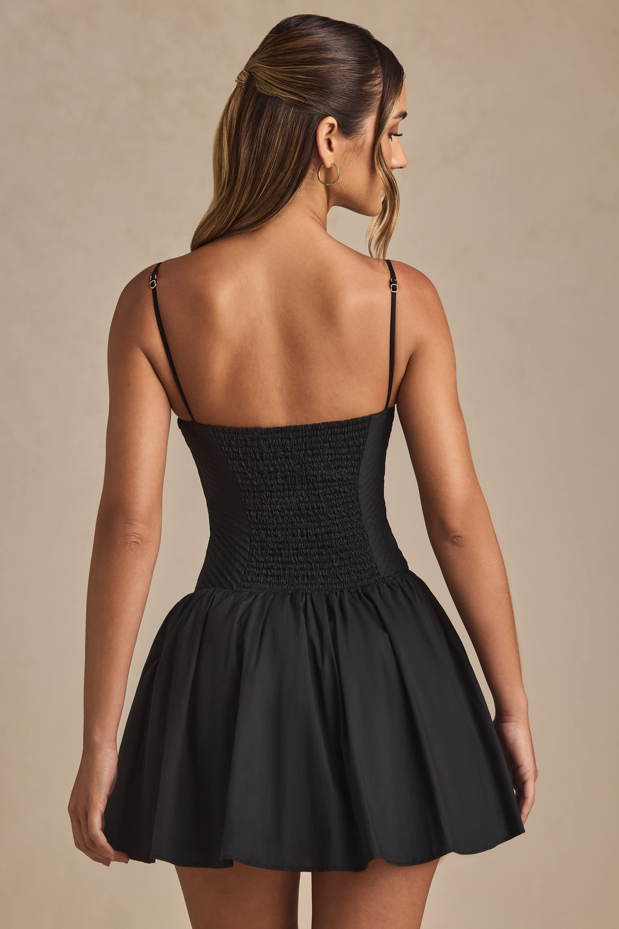 Dorothea-Pintucked Shirred Mini Dress in Black