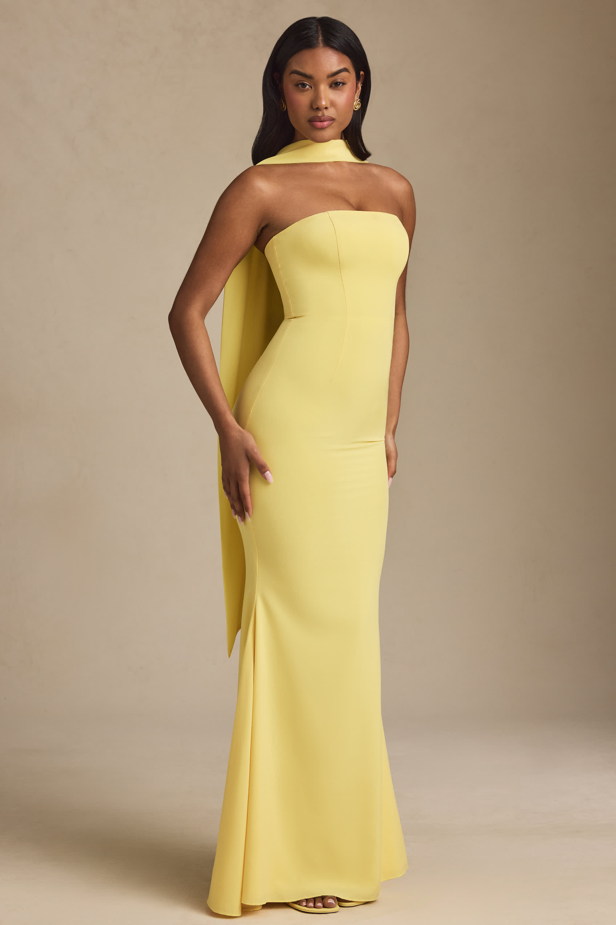 Imogene-Scarf-Detail Strapless Gown in Pastel Yellow