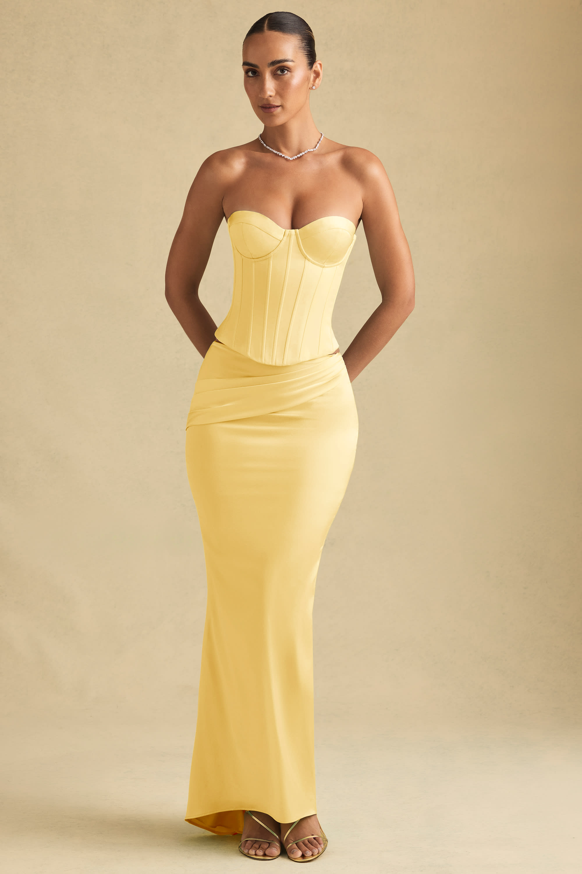 Kelda-Draped Low-Rise Maxi Skirt in Pastel Yellow