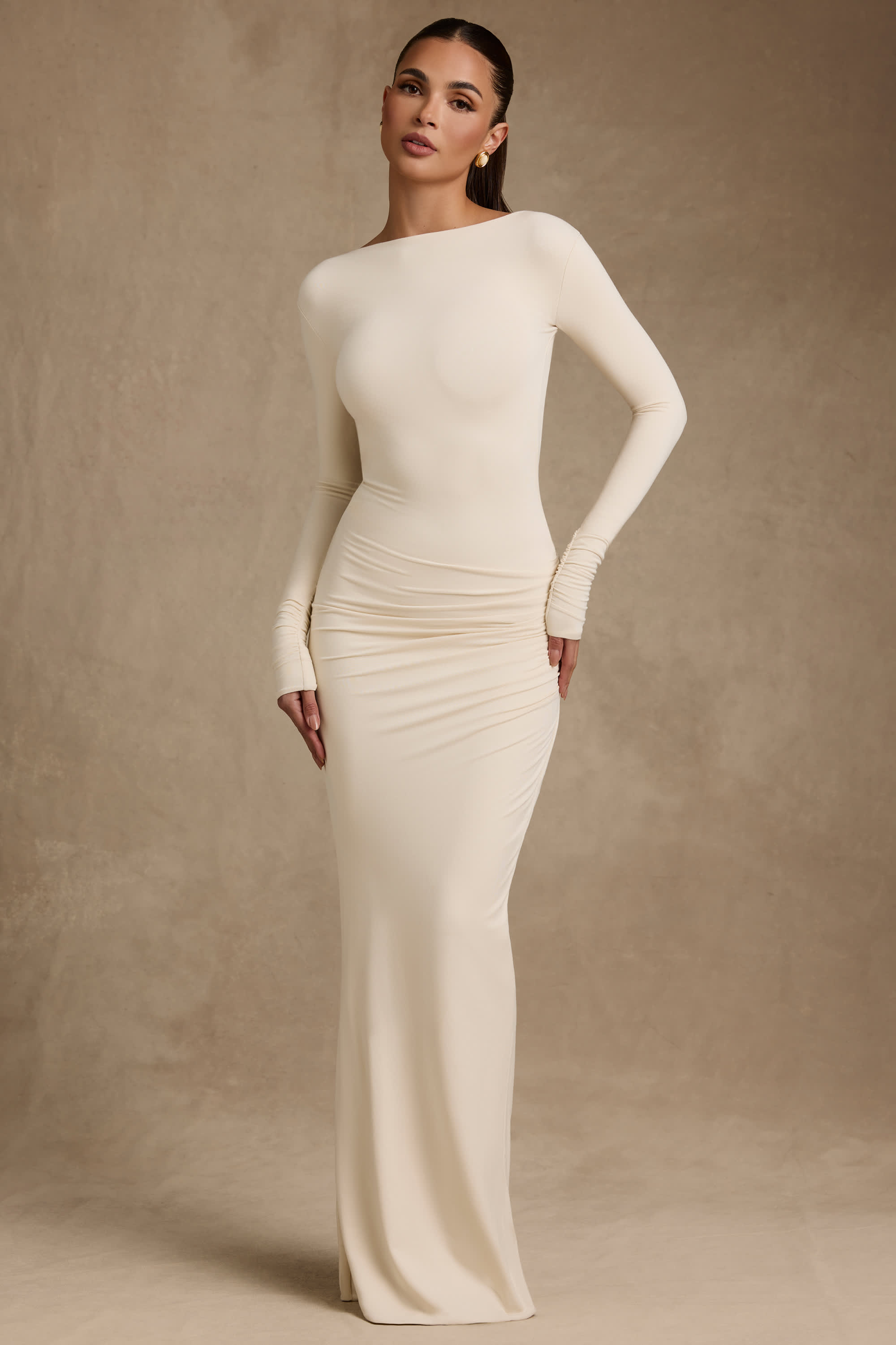Regine-Modal Ruched Backless Maxi Dress in Ivory