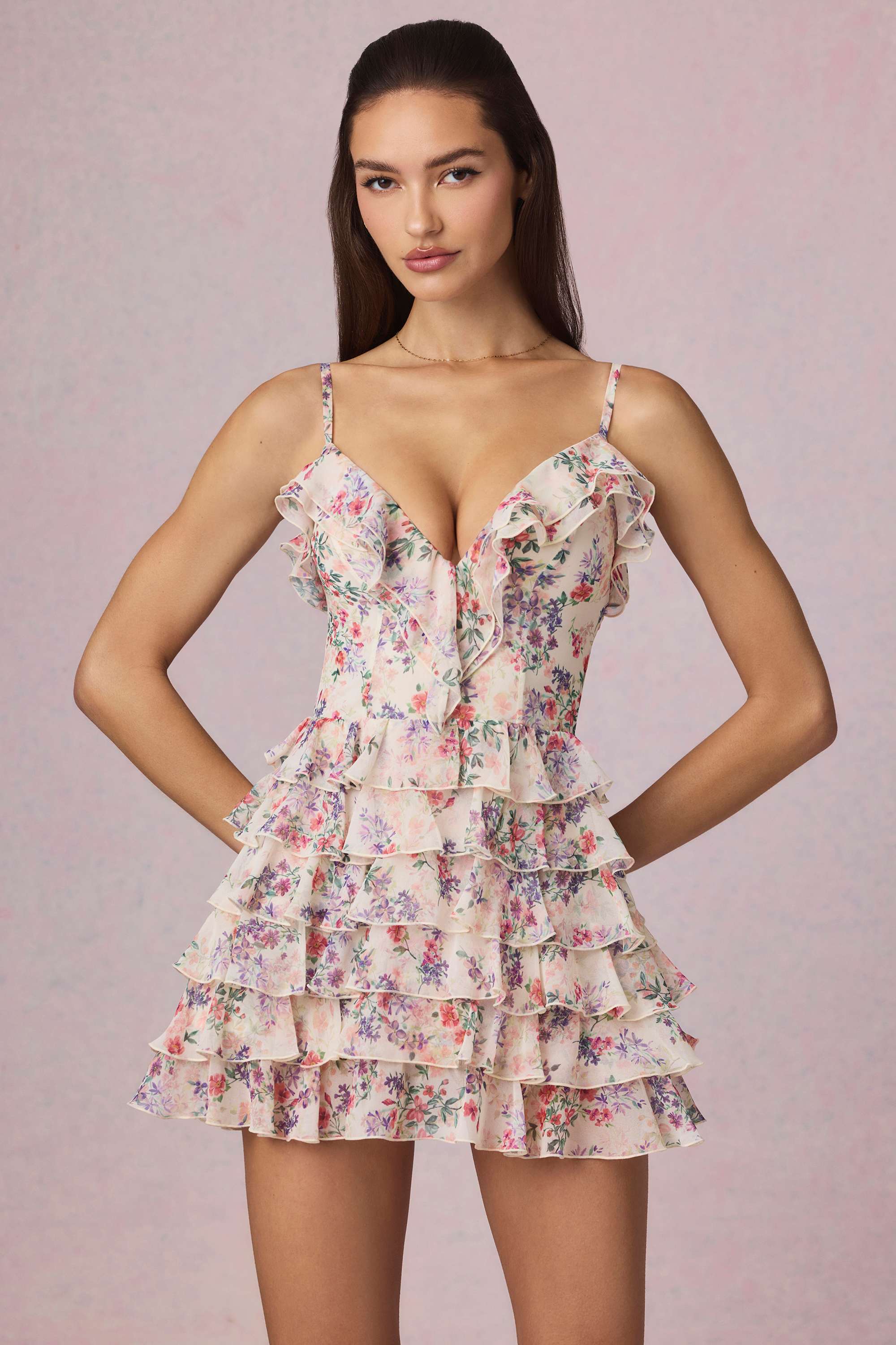Lolina-Ruffled Lace-Up A-Line Mini Dress in Primrose Floral Print
