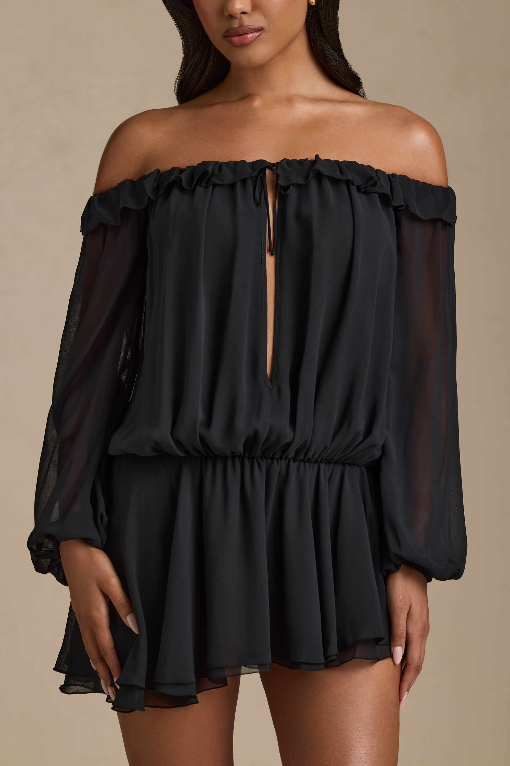 Solana-Off-Shoulder Asymmetric Balloon-Sleeve Mini Dress in Black