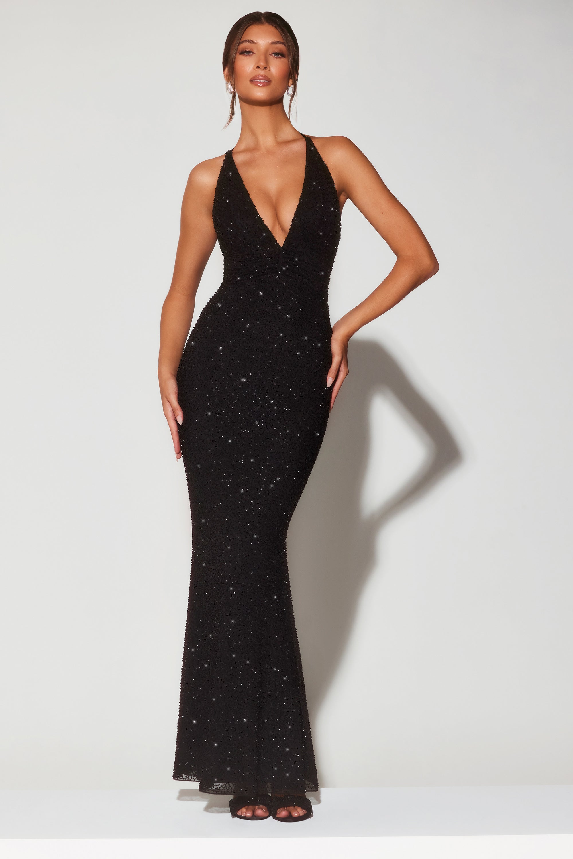 Verona-Embellished Plunge Halter Neck Evening Gown in Black