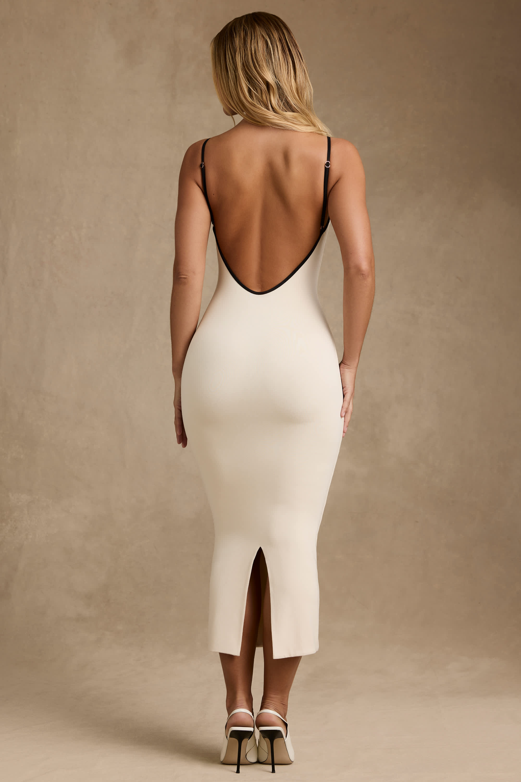 Carwen-Modal Contrast-Trim Backless Midaxi Dress in Ivory