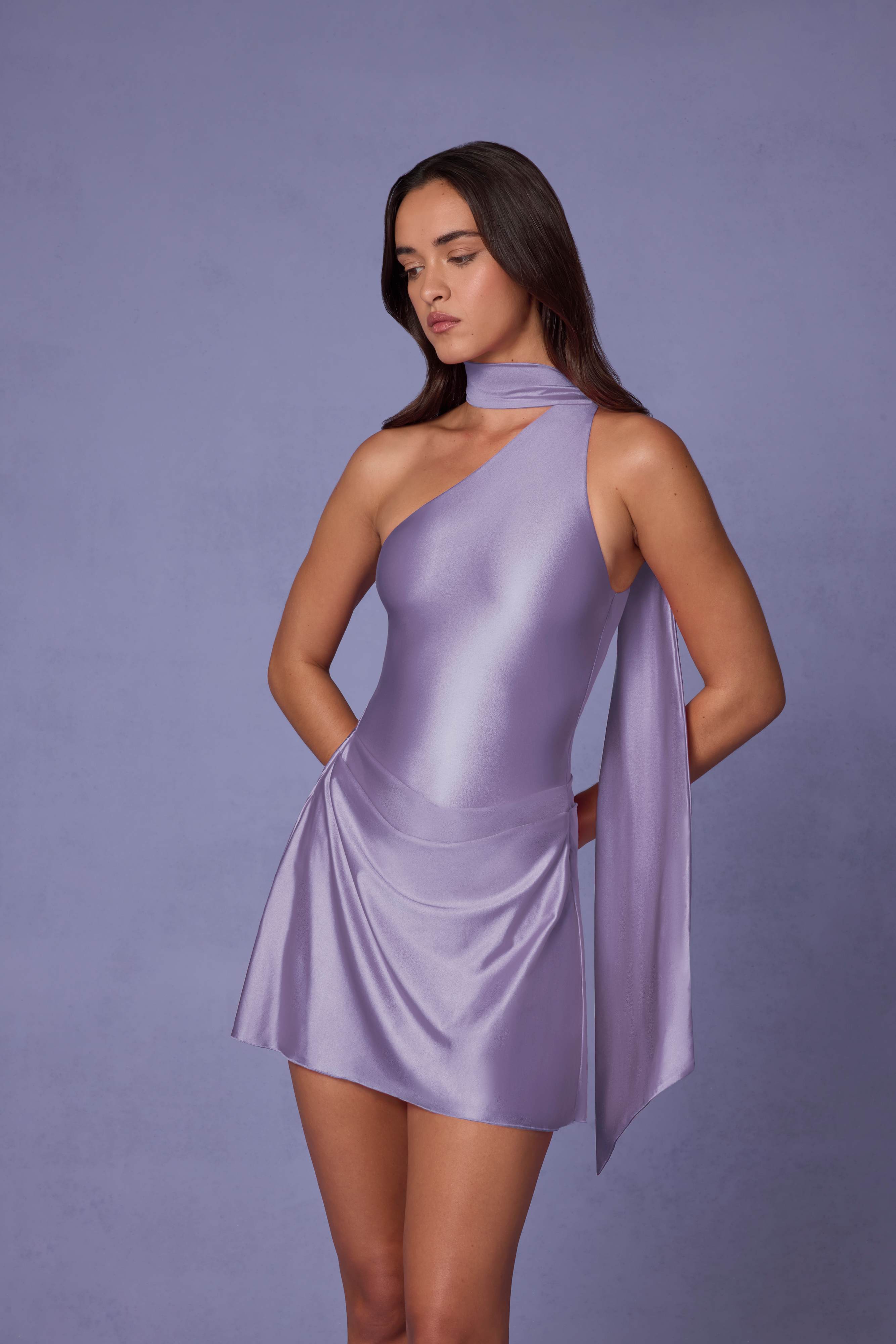 Kiraz-Asymmetric Scarf-Detail Mini Dress in Lilac