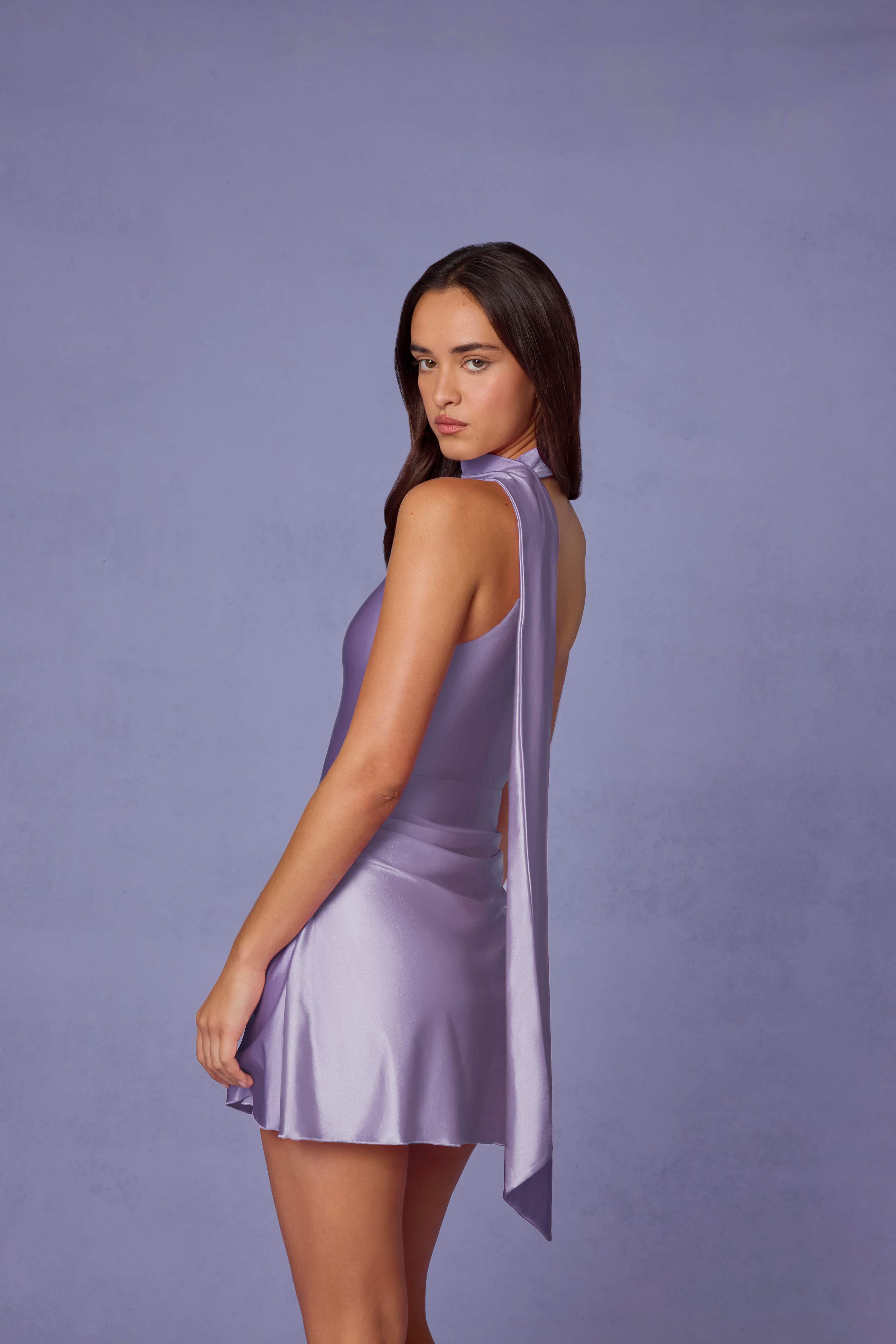 Kiraz-Asymmetric Scarf-Detail Mini Dress in Lilac
