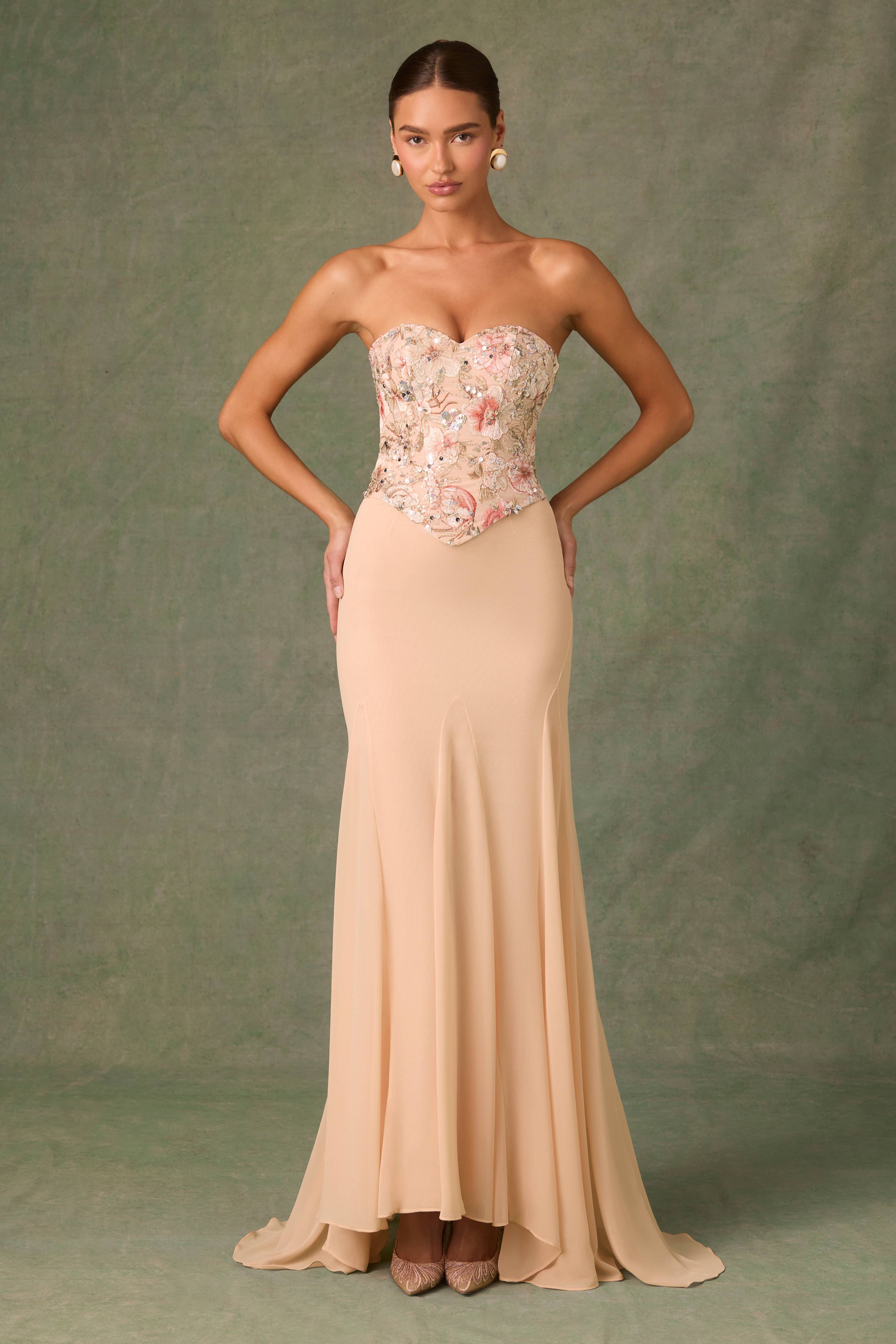 Lysana-Embellished Corset Fishtail Gown in Floral Beige