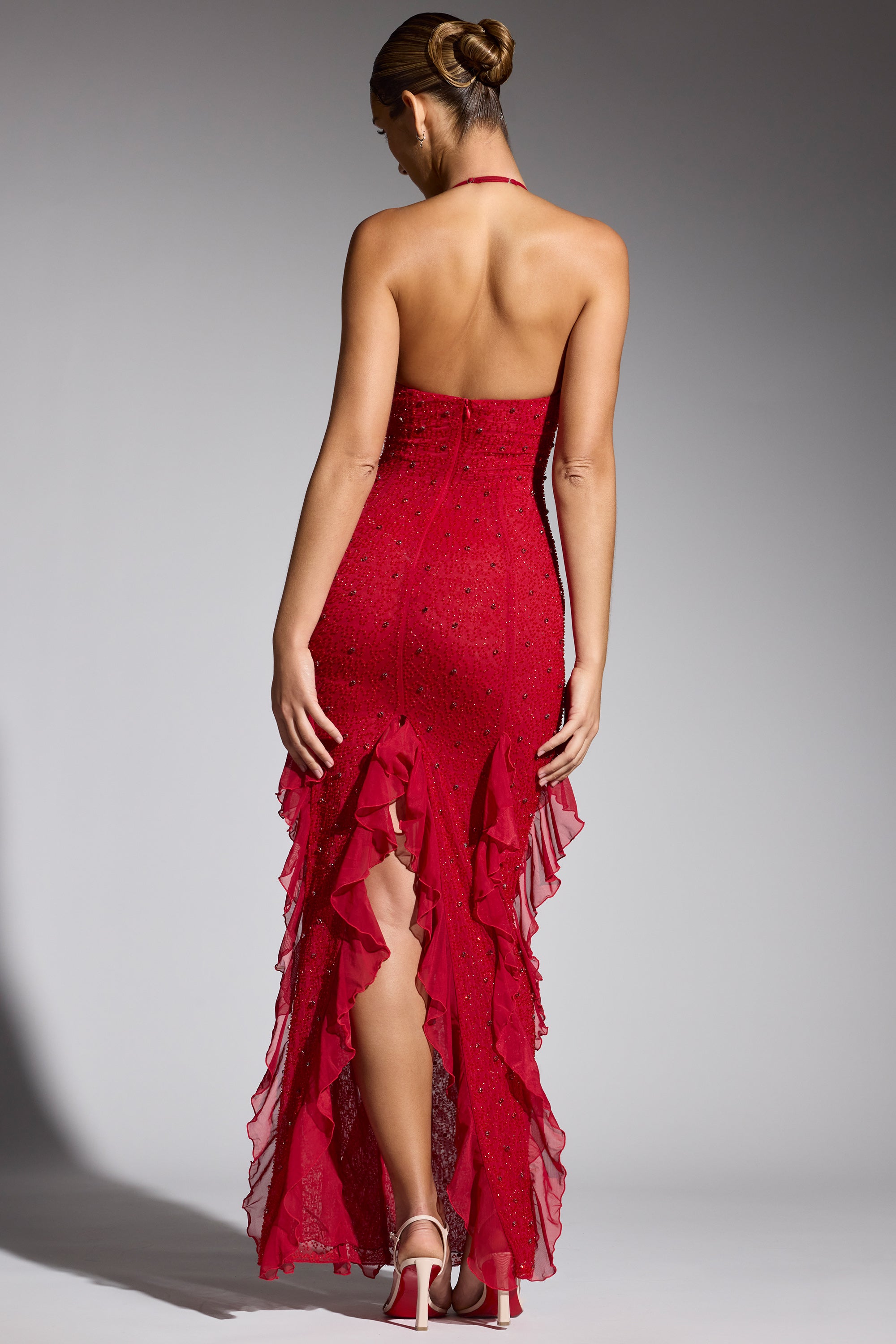 Anley-Embellished Halter Neck Ruffle Maxi Dress in Red