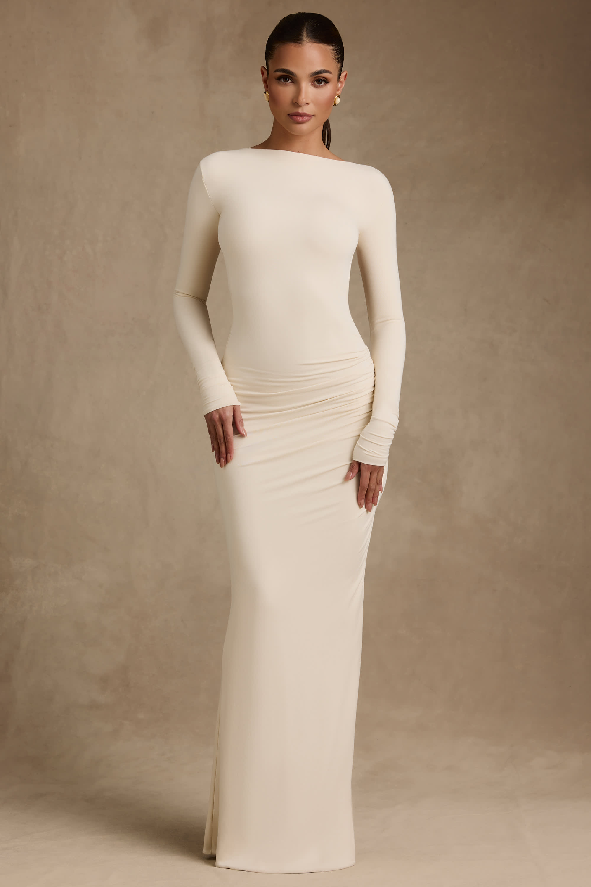 Regine-Modal Ruched Backless Maxi Dress in Ivory