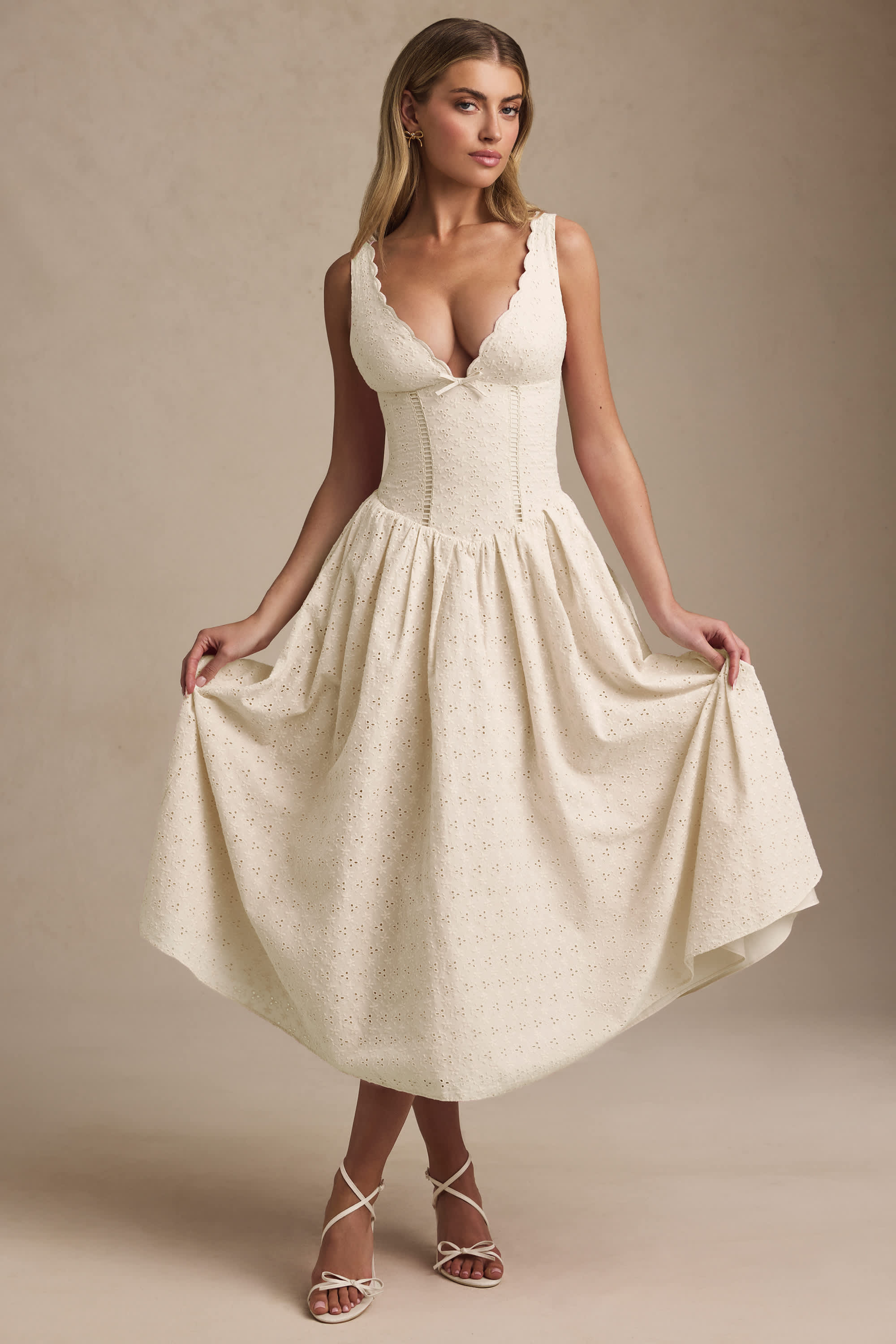 Saidey-Broderie Anglaise Bow-Detail A-Line Midaxi Dress in Ivory