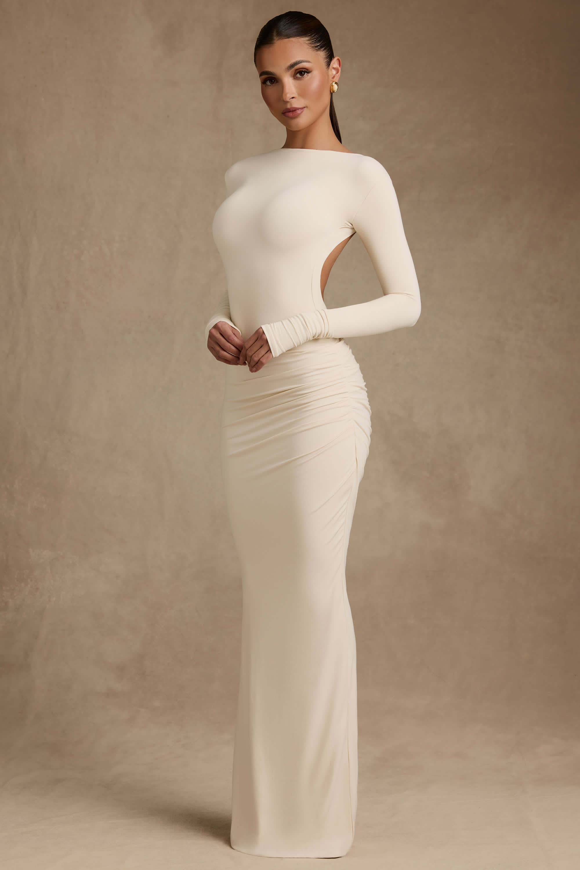 Regine-Modal Ruched Backless Maxi Dress in Ivory