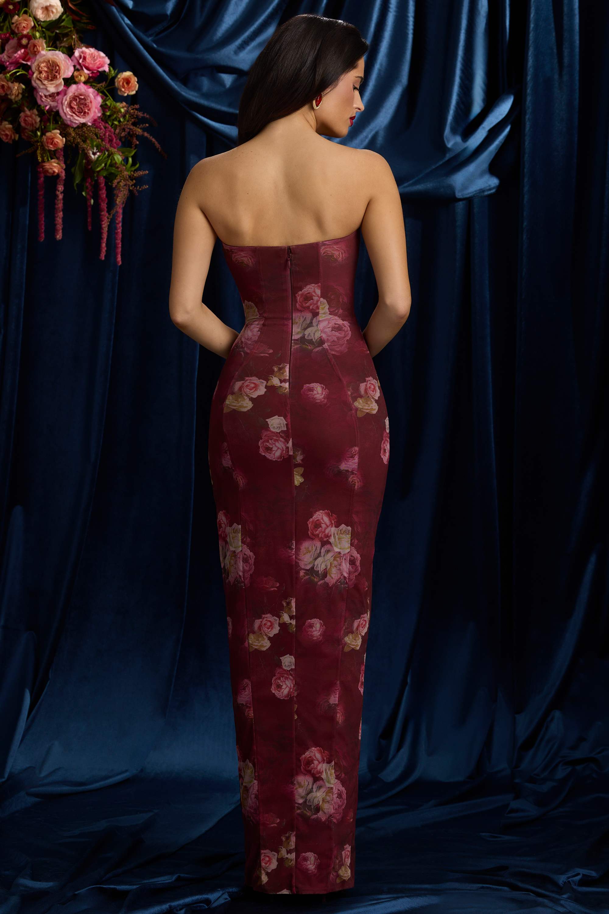La Rochette-Bandeau Cowl-Neck Maxi Dress in Maroon Floral Print