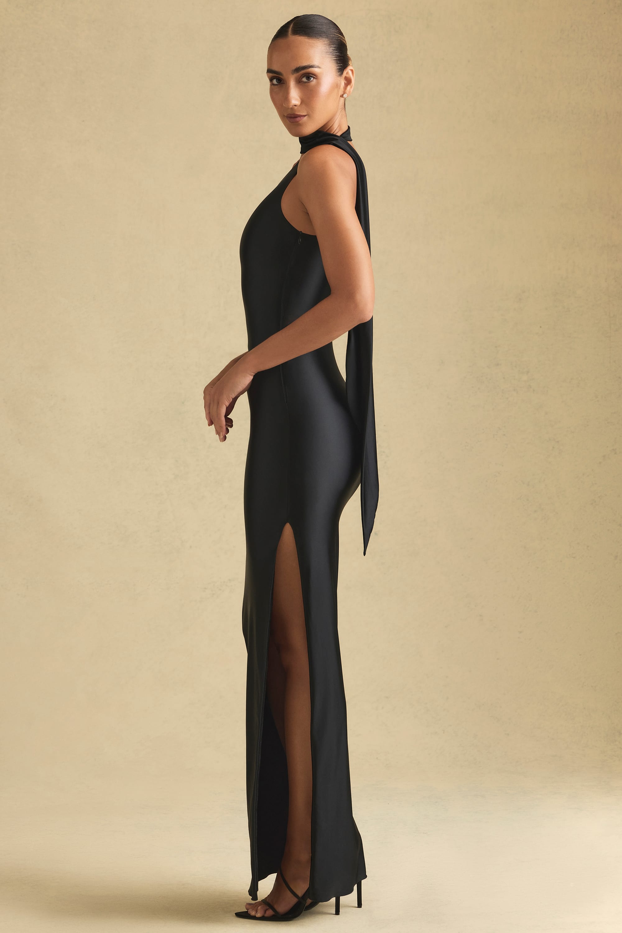Sheril-Asymmetric Scarf-Detail Maxi Dress in Black