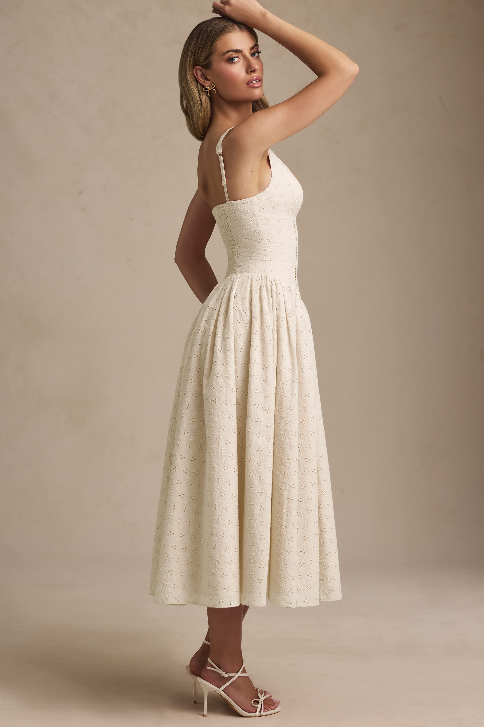 Saidey-Broderie Anglaise Bow-Detail A-Line Midaxi Dress in Ivory