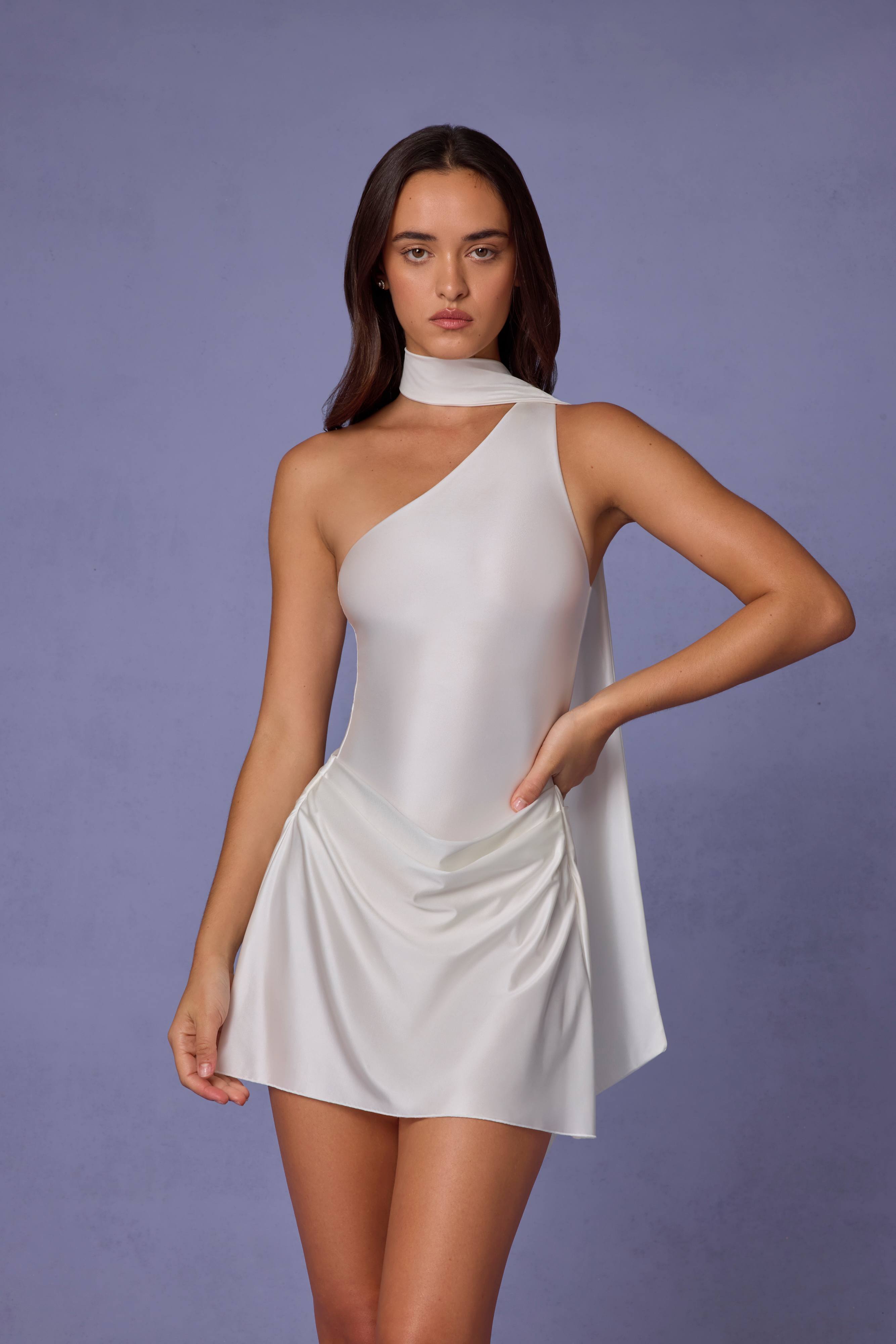 Kiraz-Asymmetric Scarf-Detail Mini Dress in White