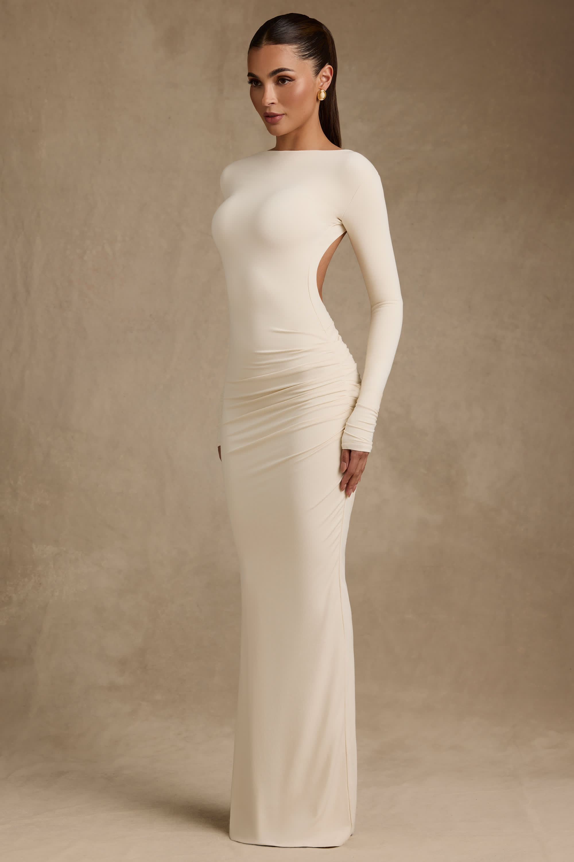 Regine-Modal Ruched Backless Maxi Dress in Ivory