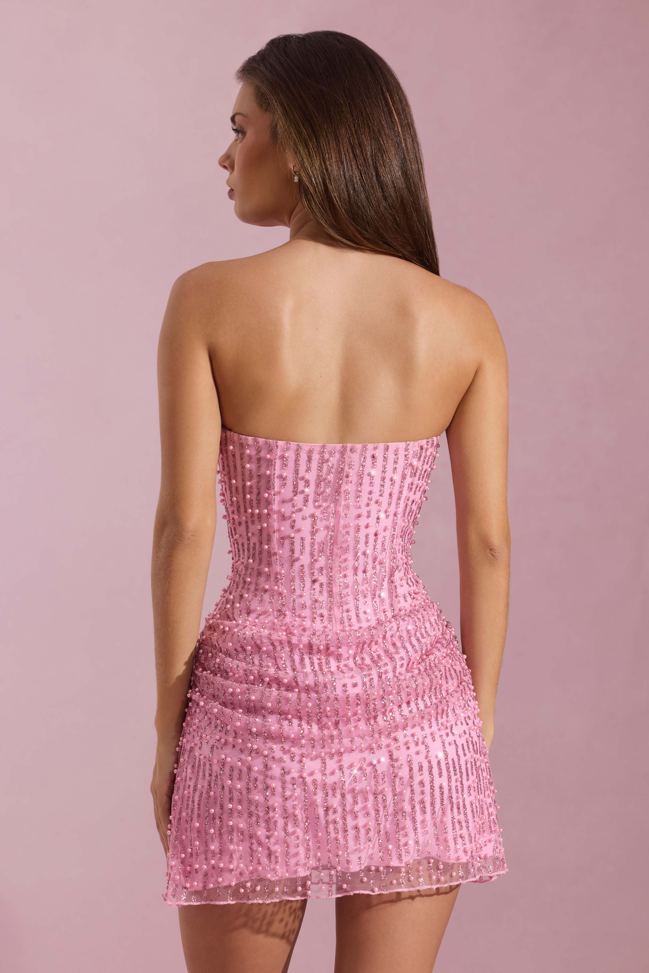 Ziya-Embellished Draped Strapless A-Line Mini Dress in Pink