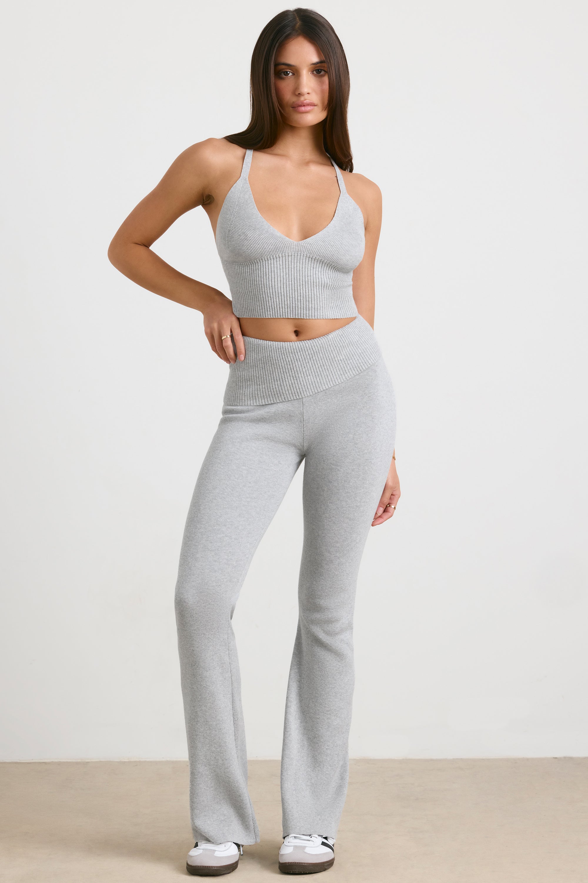 Fold Over Kick Flare Chunky Knit Trousers in Grey Marl