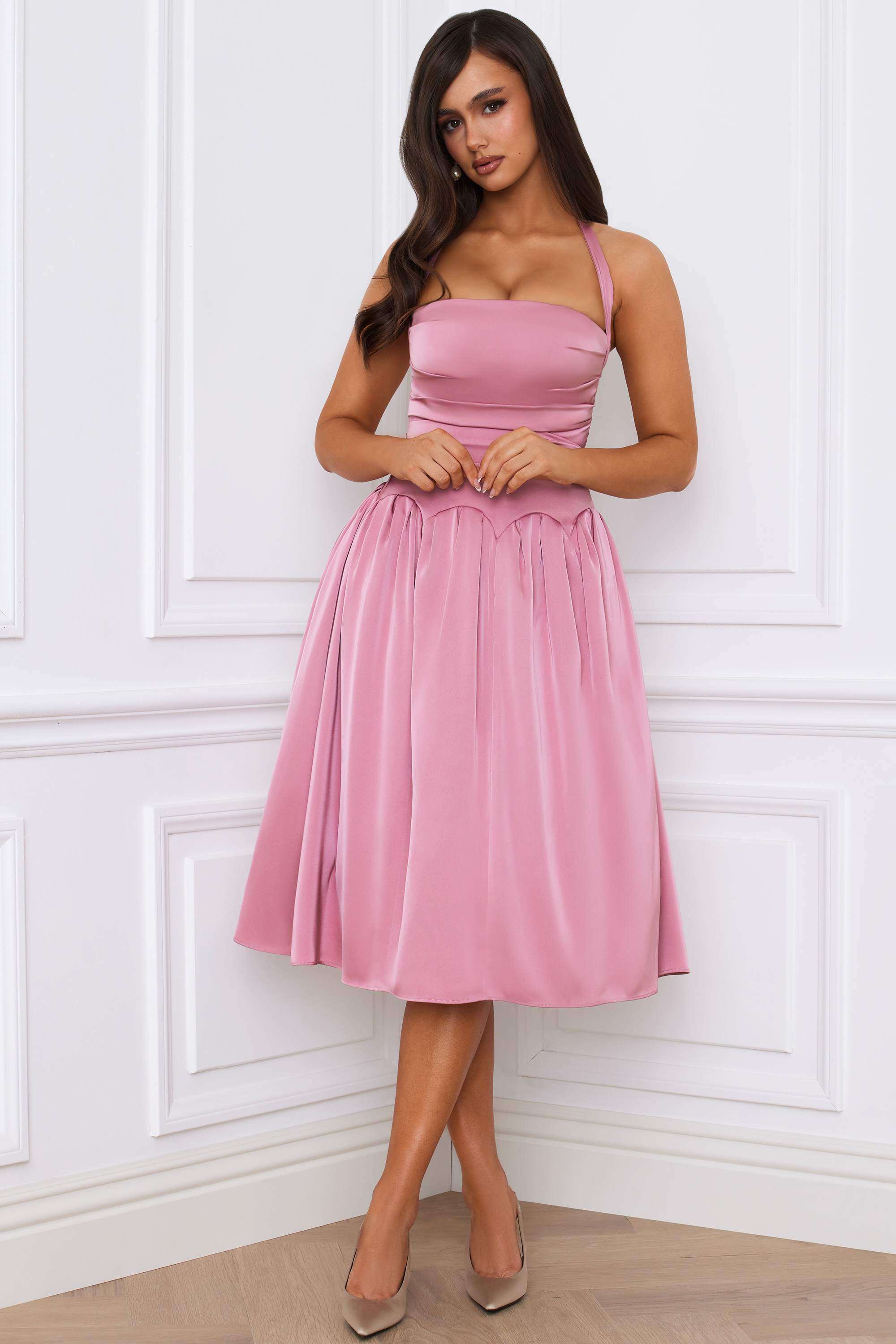 Amelie-Halterneck Lace-Up Ruched Corset Midi Dress in Mauve