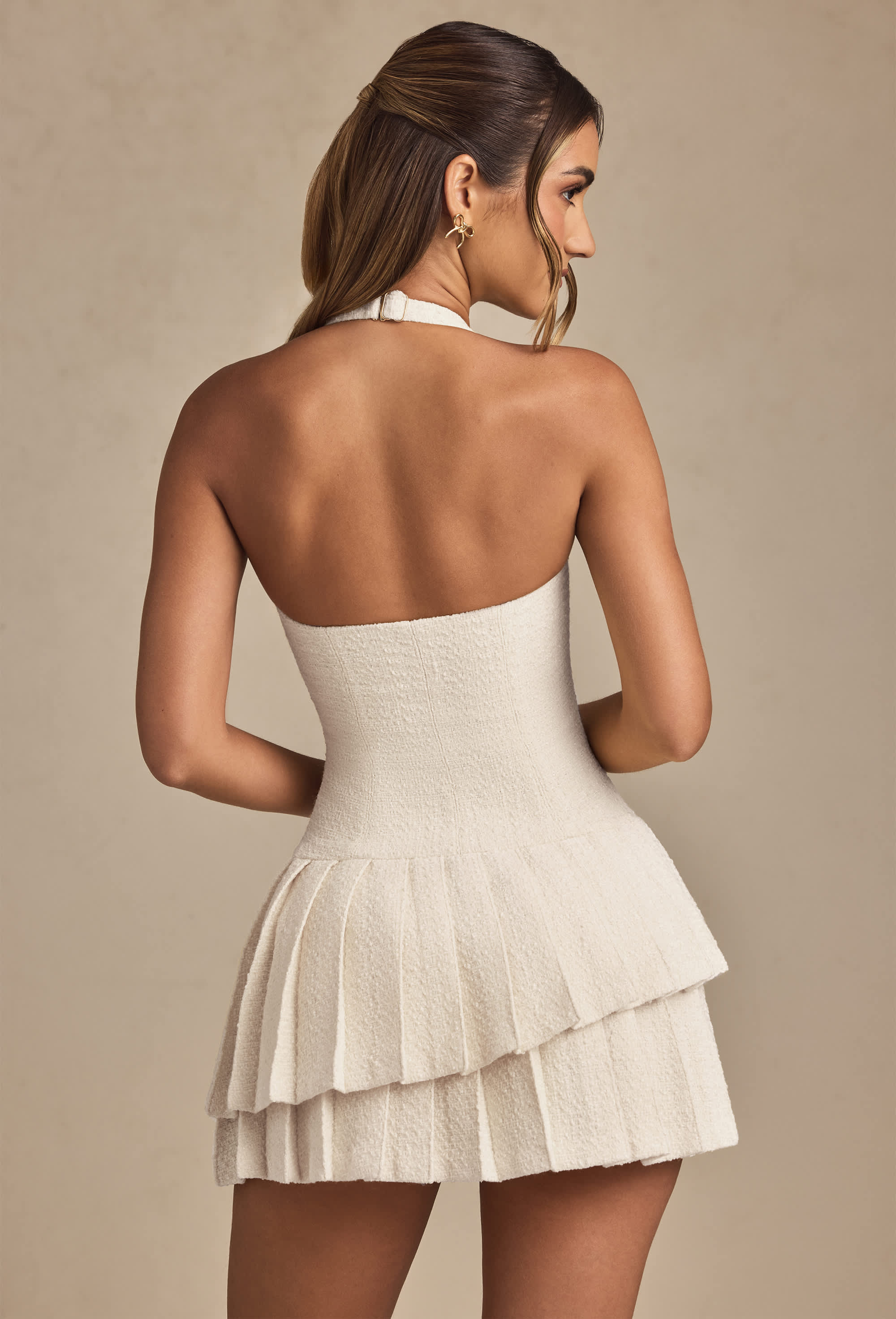 Rosaria-Asymmetric Layered Halterneck Mini Dress in Ivory