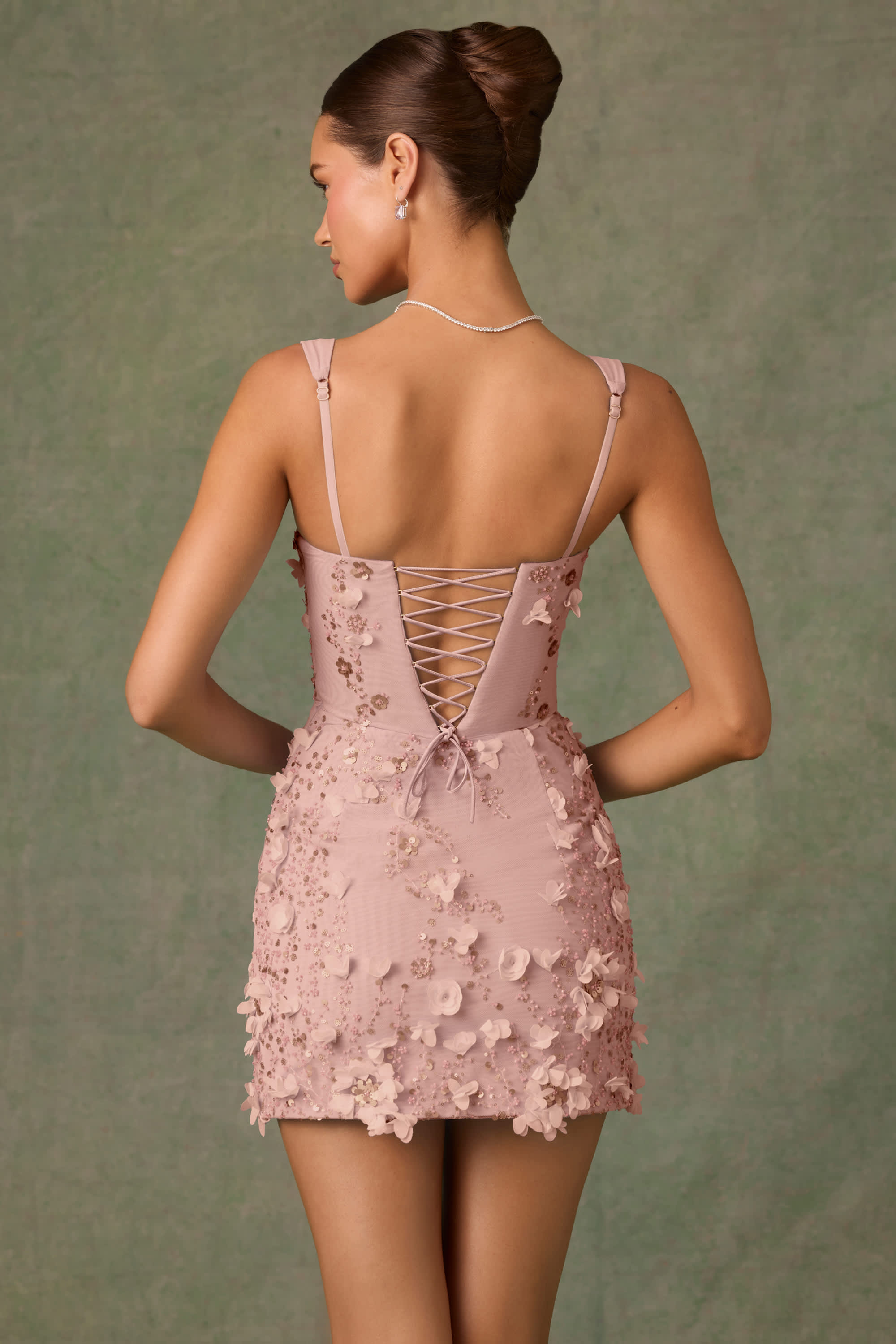 Posy-Embellished Corset Mini Dress in Dusty Rose