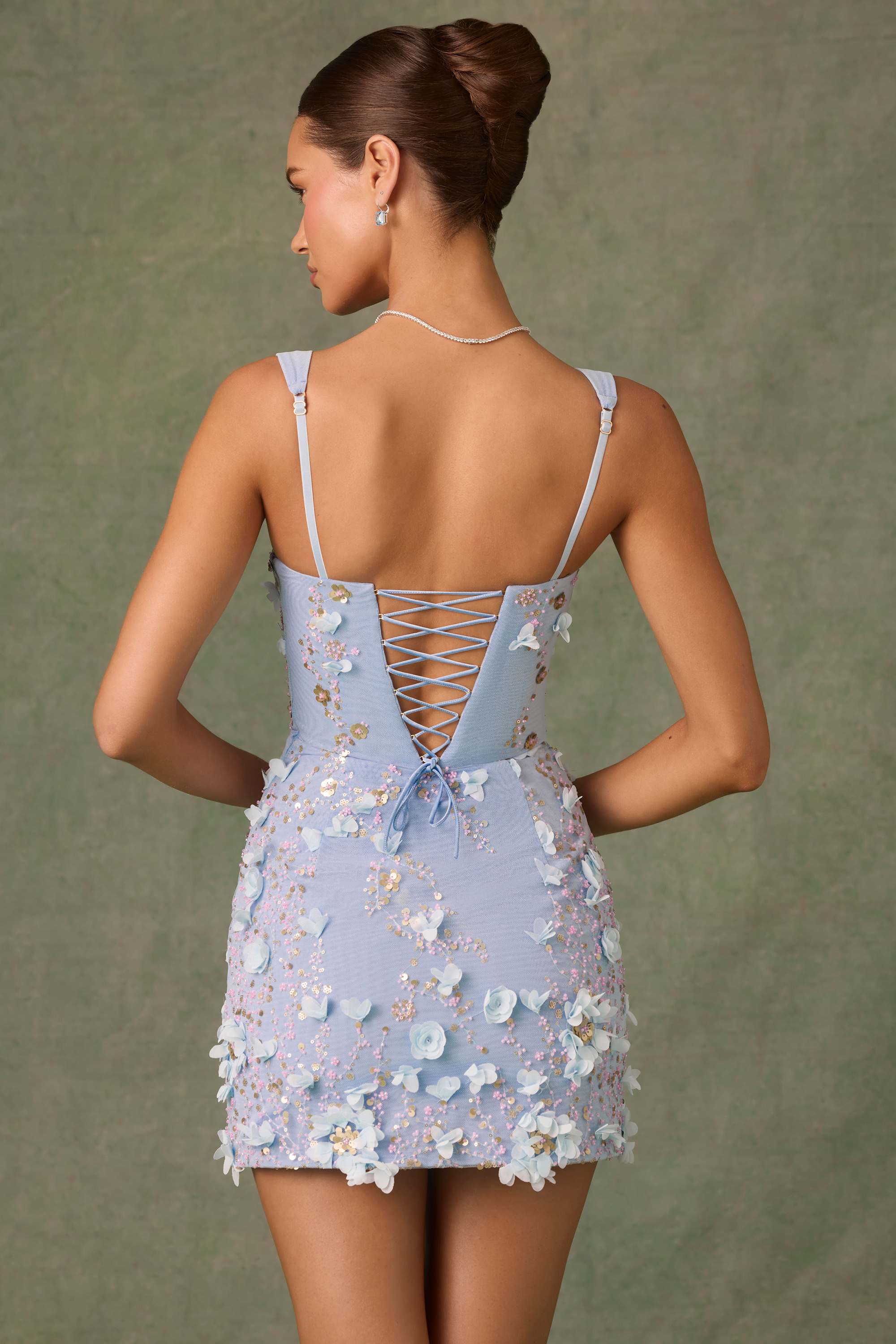 Posy-Embellished Corset Mini Dress in Sky Blue