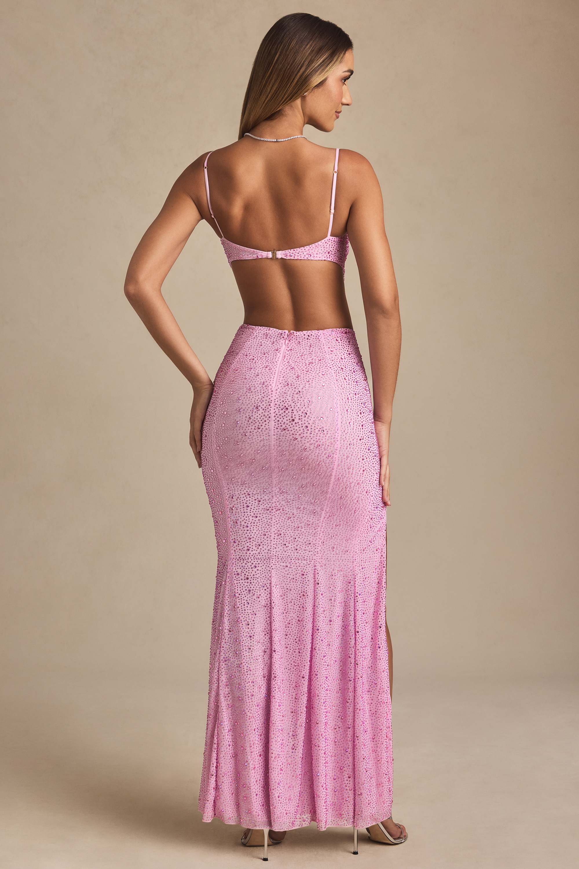 Lucienne-Embellished Cut-Out Fishtail Maxi Dress in Peony Pink