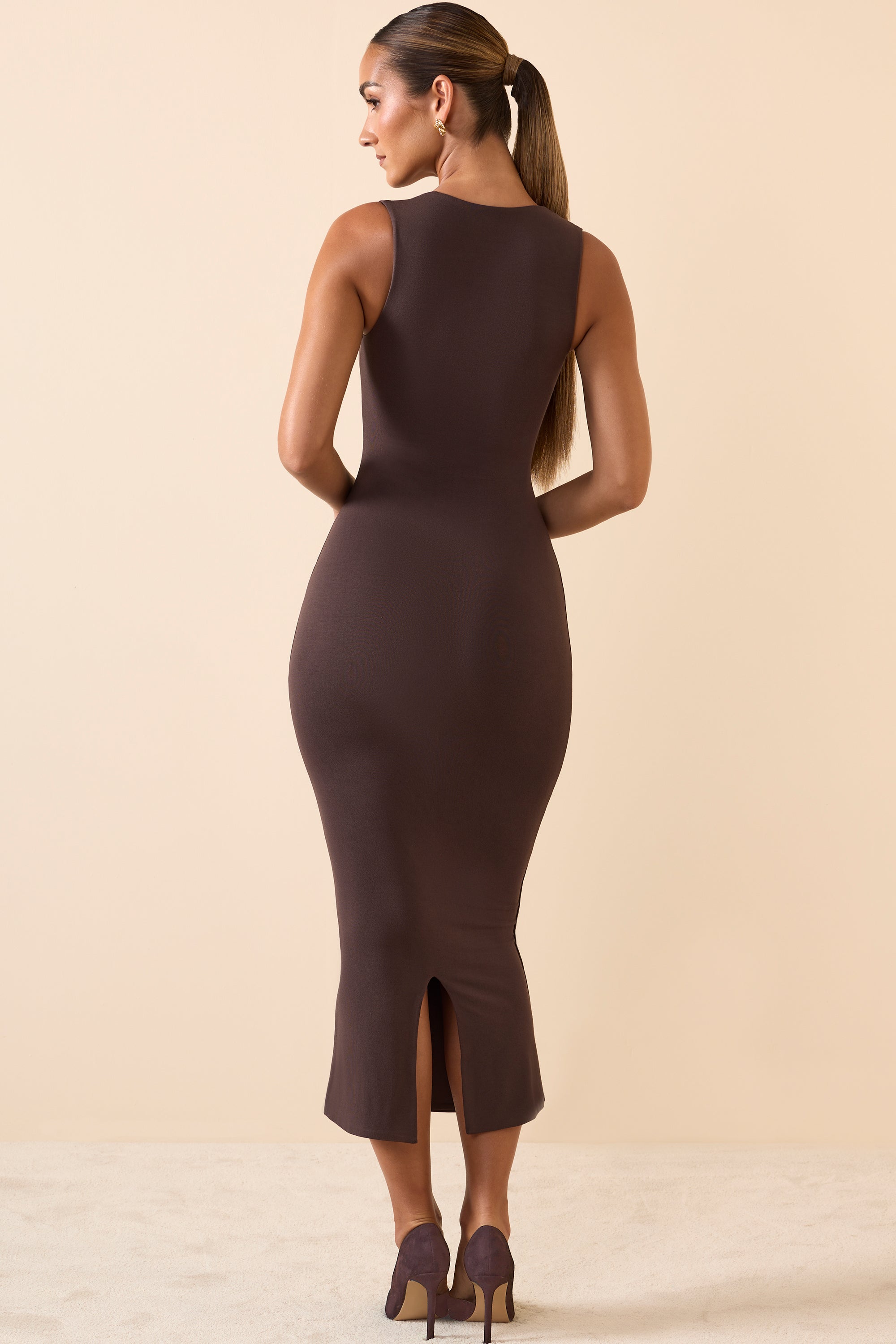 Ainslee-Square Neck Midi Dress in Chocolate Brown