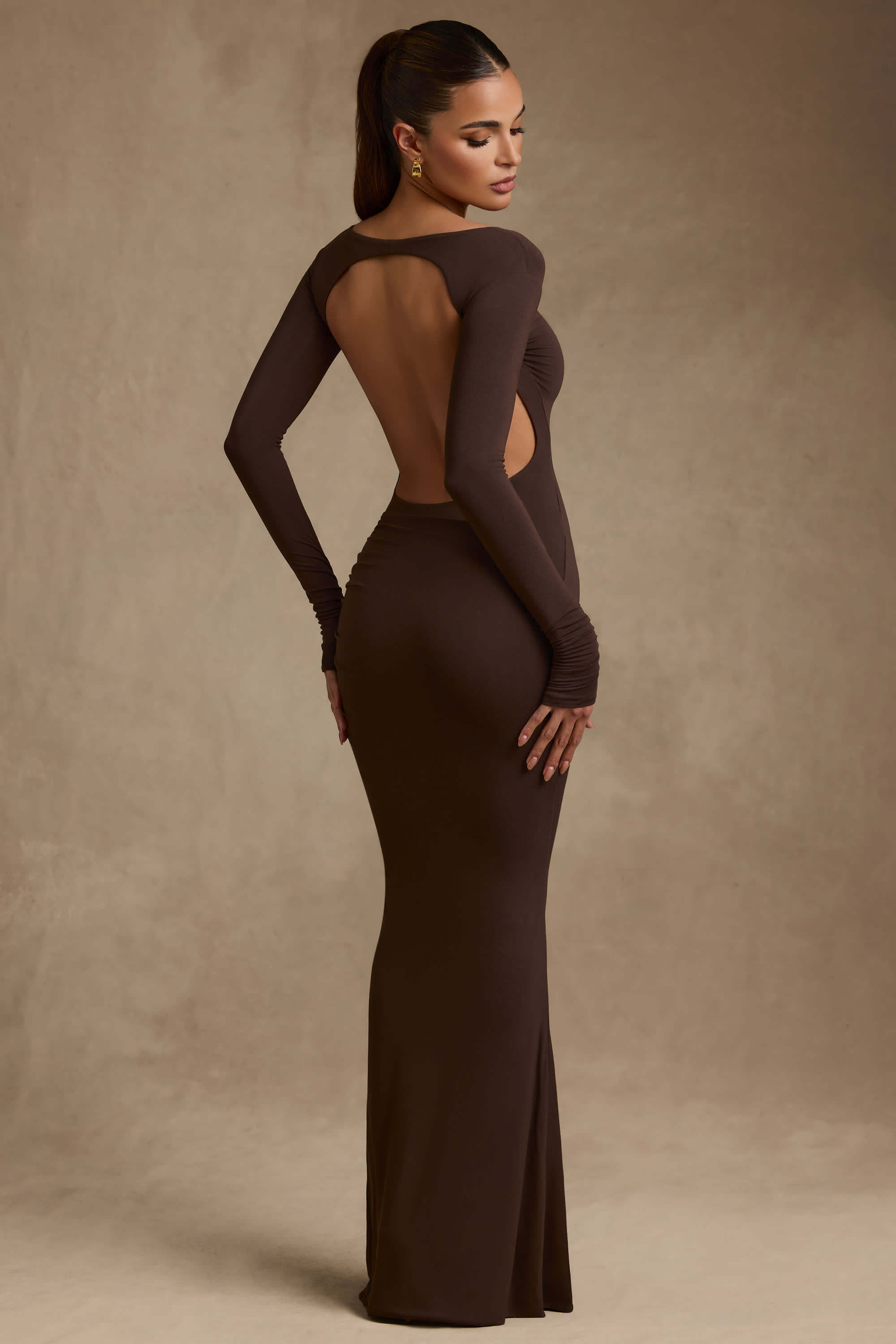 Regine-Modal Ruched Backless Maxi Dress in Chocolate Brown