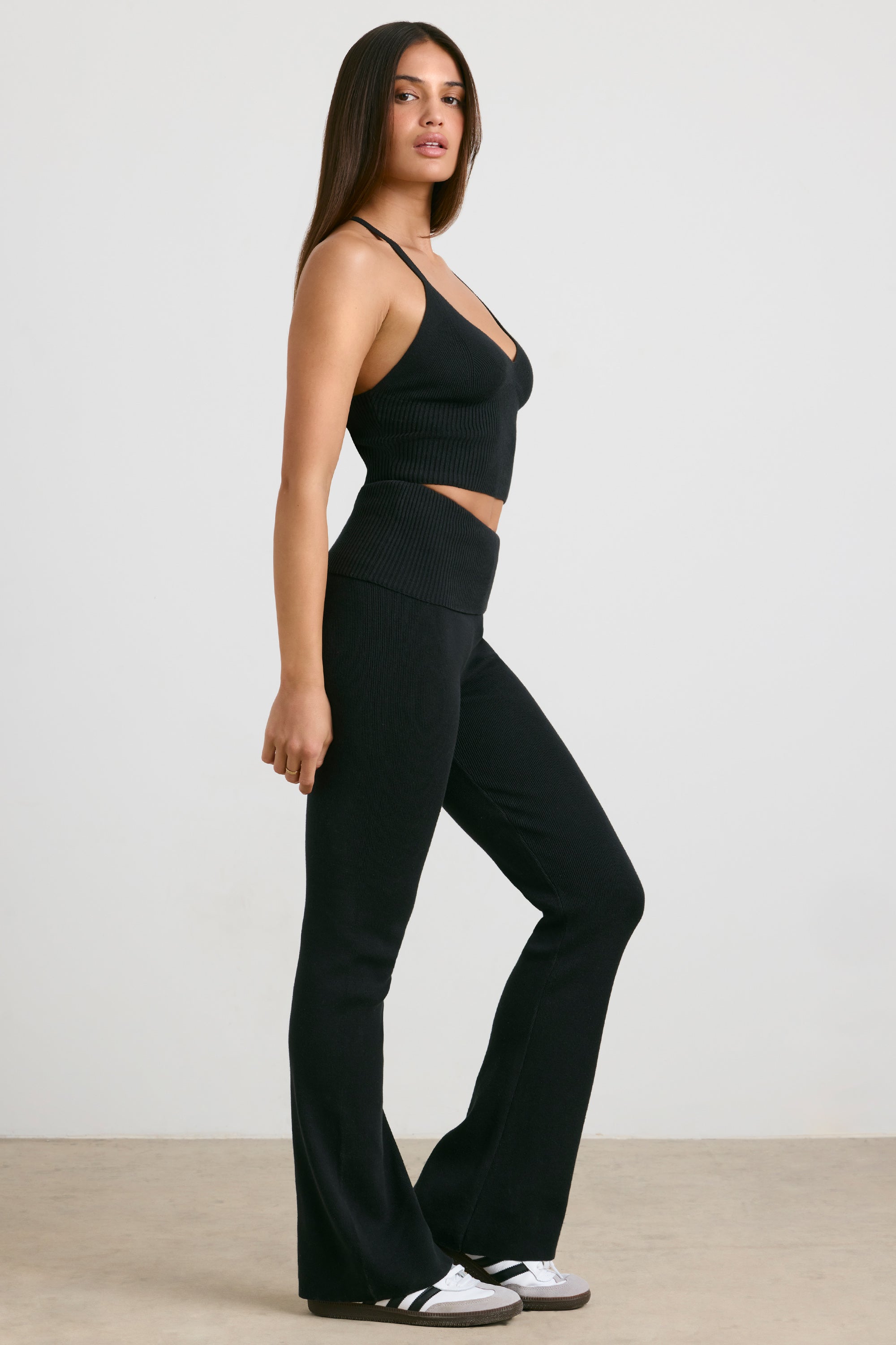 Fold Over Kick Flare Chunky Knit Trousers in Black