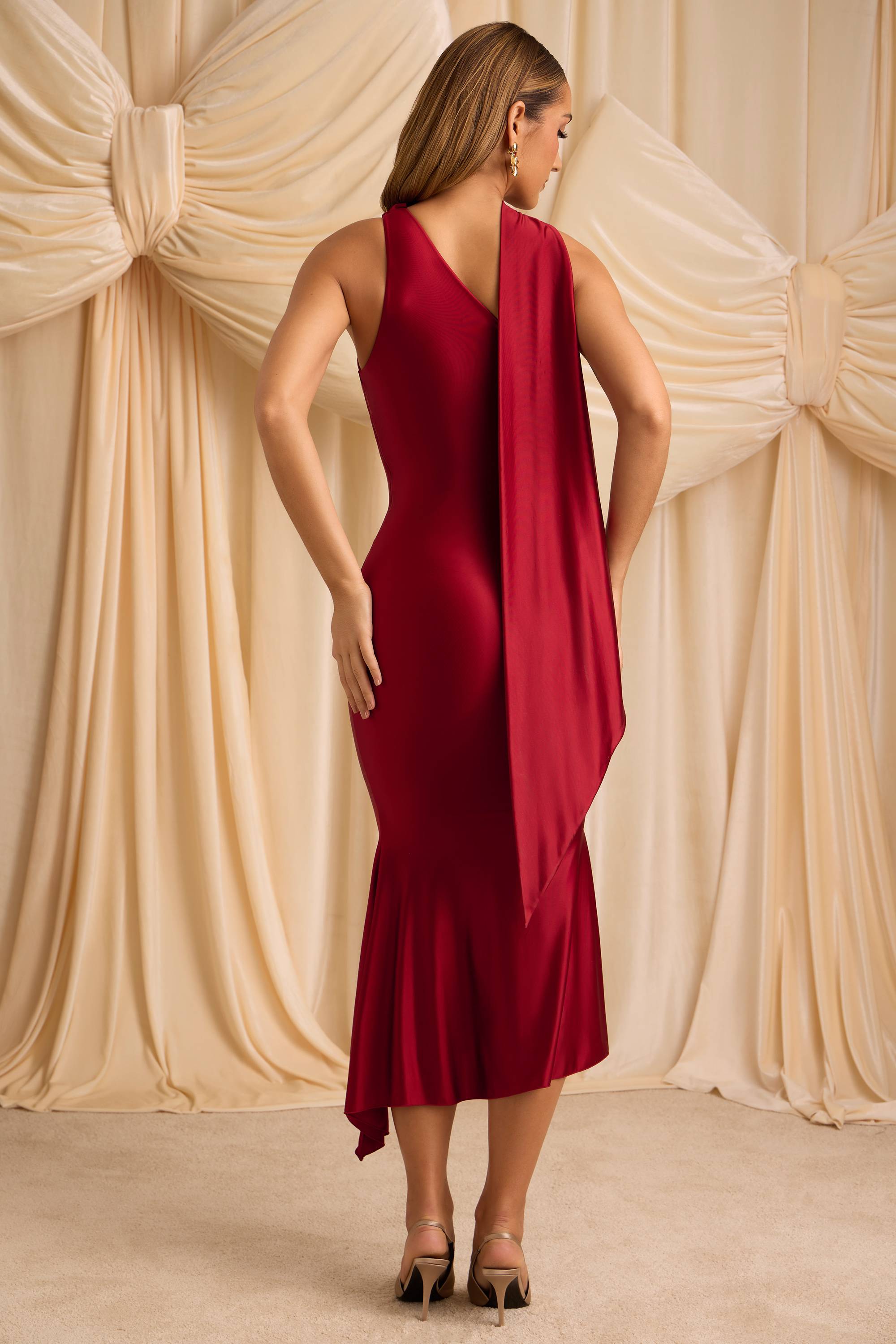 Shaya-Asymmetric Scarf-Detail Midaxi Dress in True Red