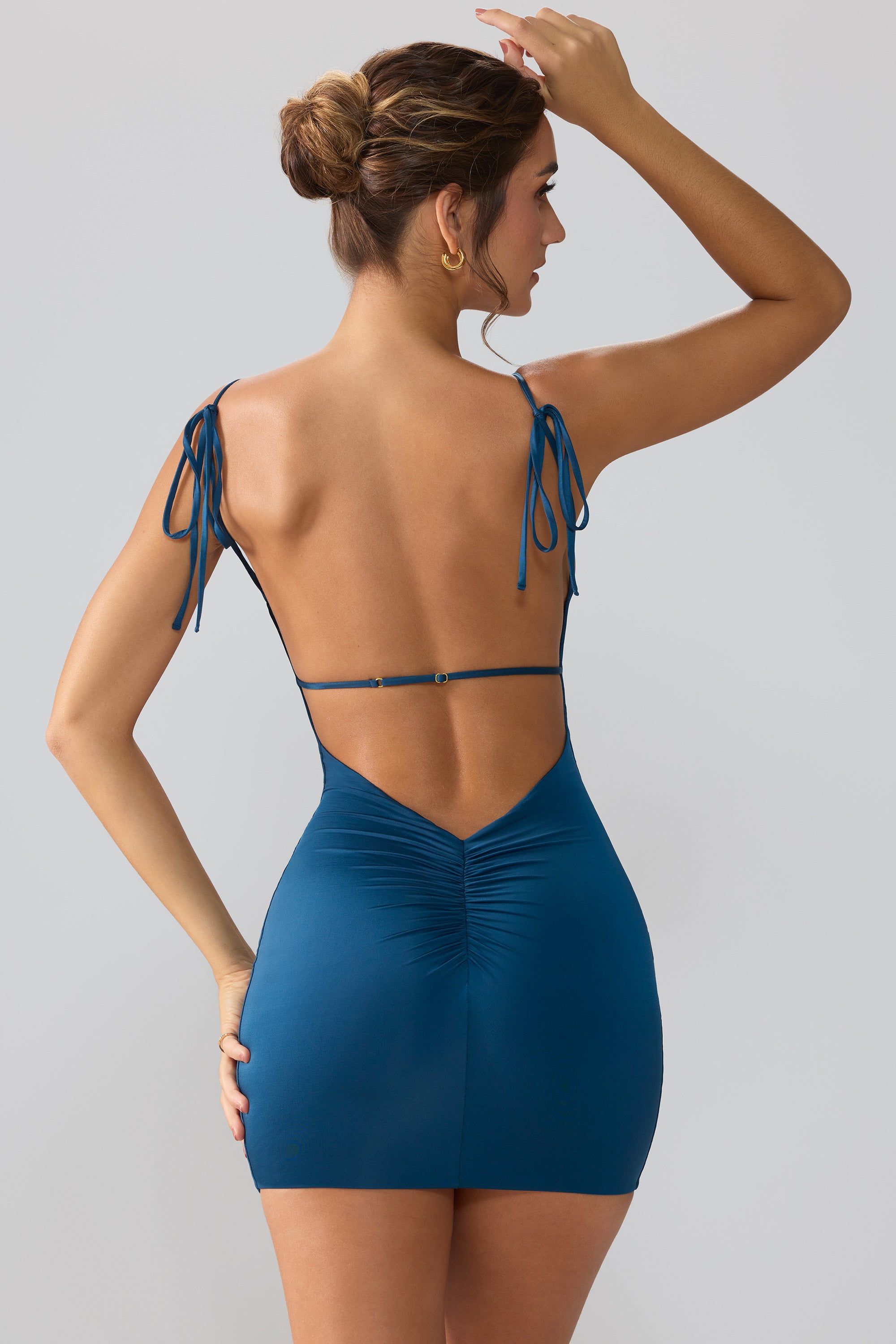 Orli-Slinky Jersey Open Back Mini Dress in Midnight Blue