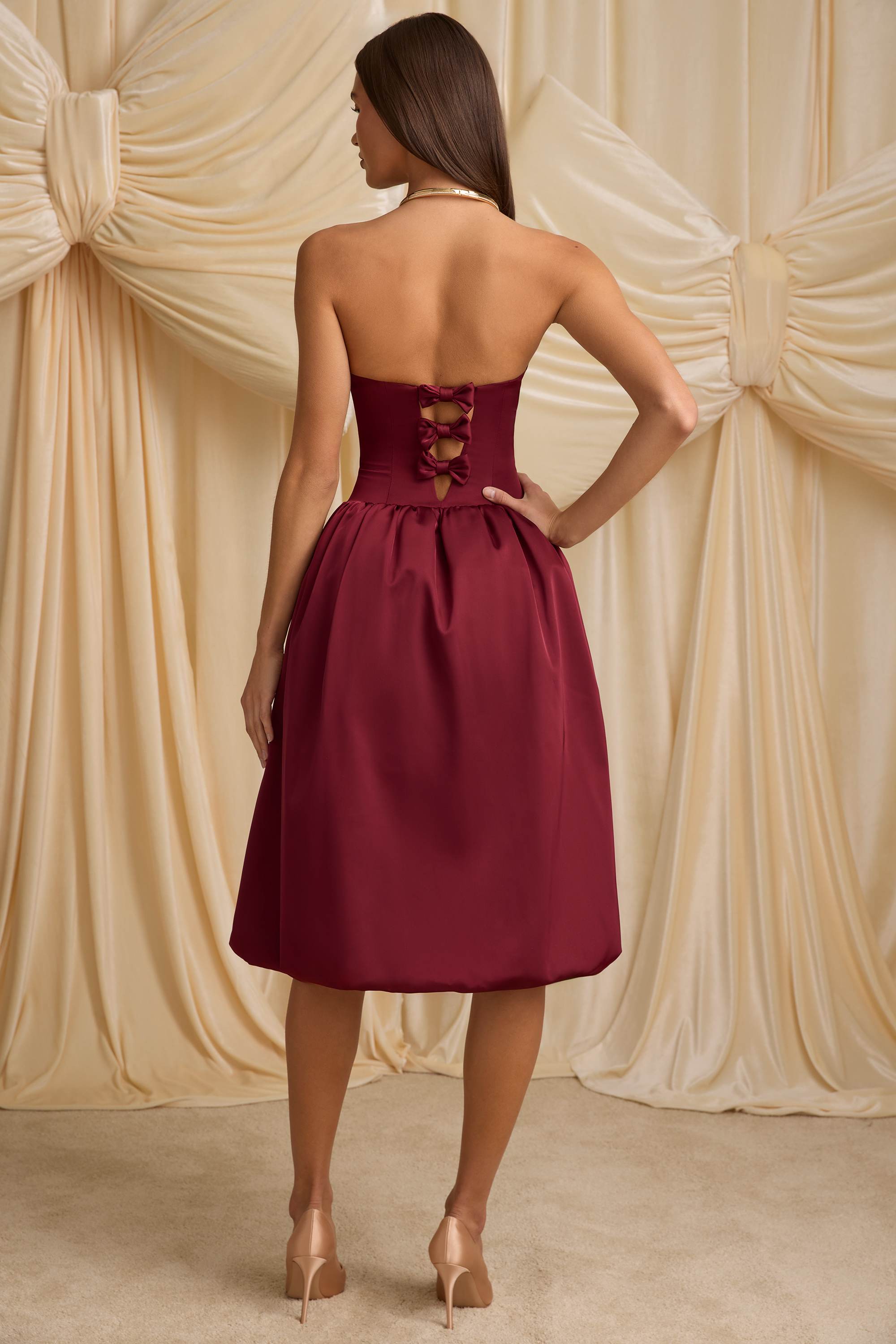 Gloriana-Convertible Bow-Detail Bubble Hem Midaxi Dress in Wine Red