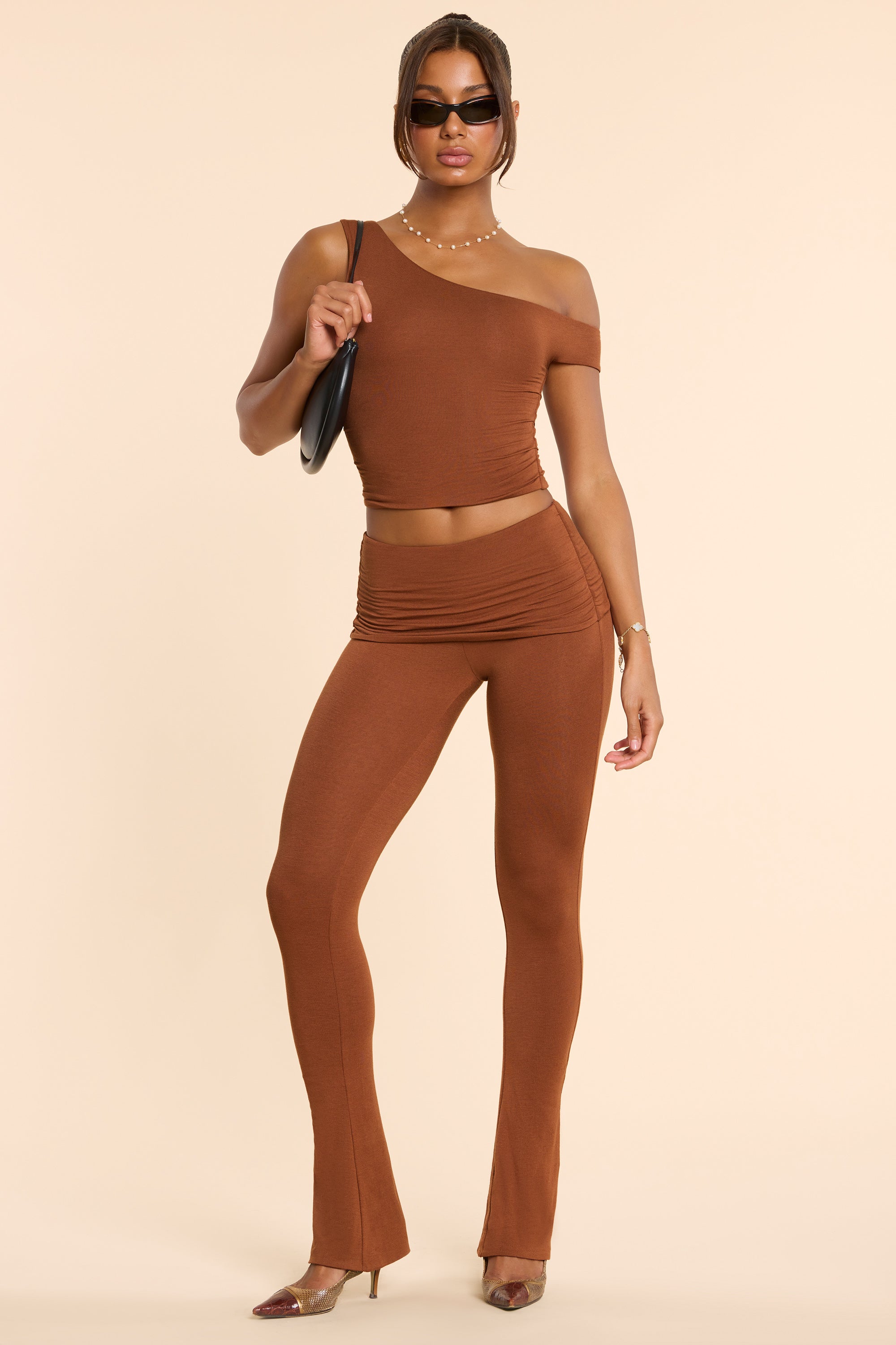 Anona-Petite Mid Rise Modal Cashmere Blend Trousers in Chestnut Brown