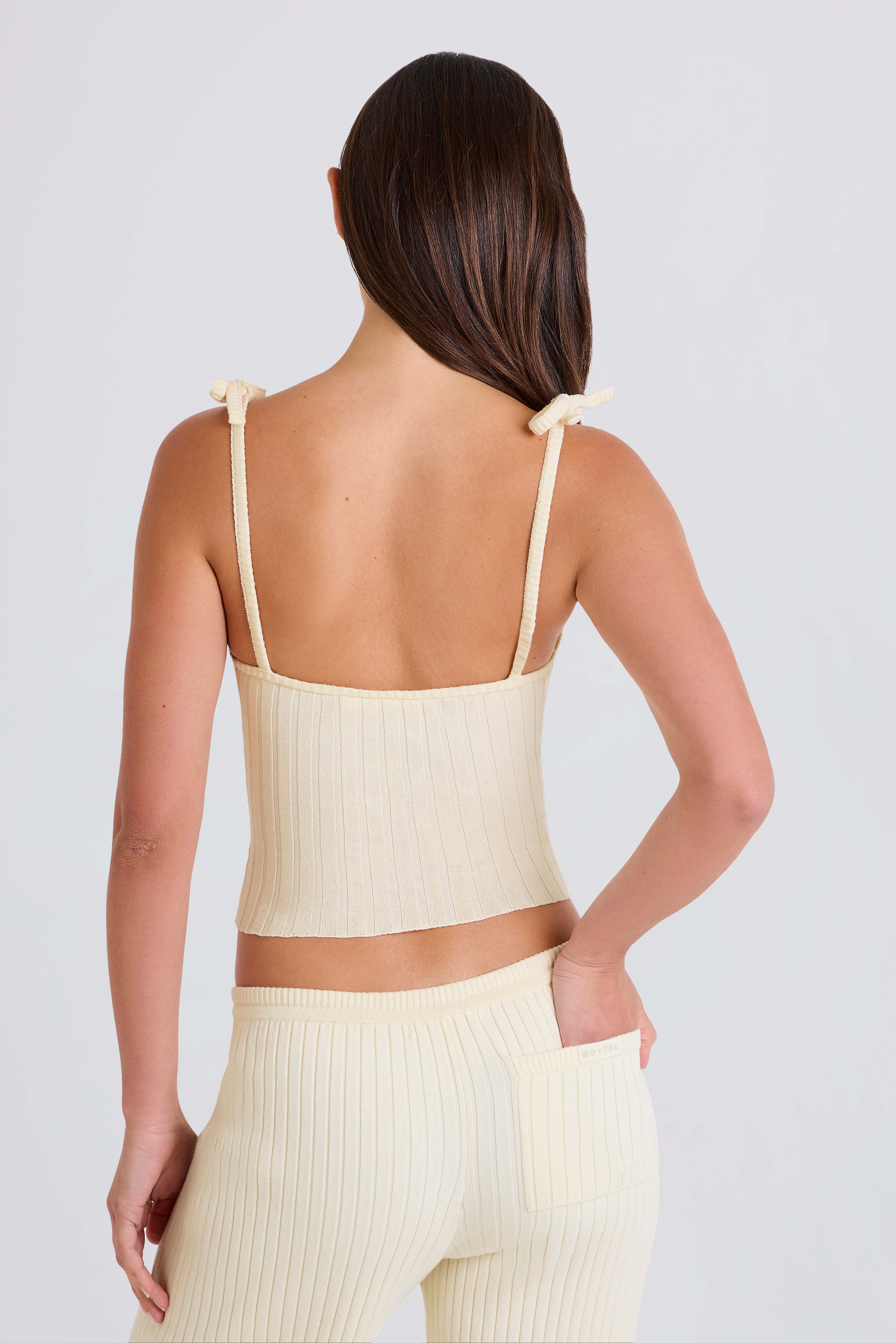 Ribbed Knit Tie Tank Top in Cream