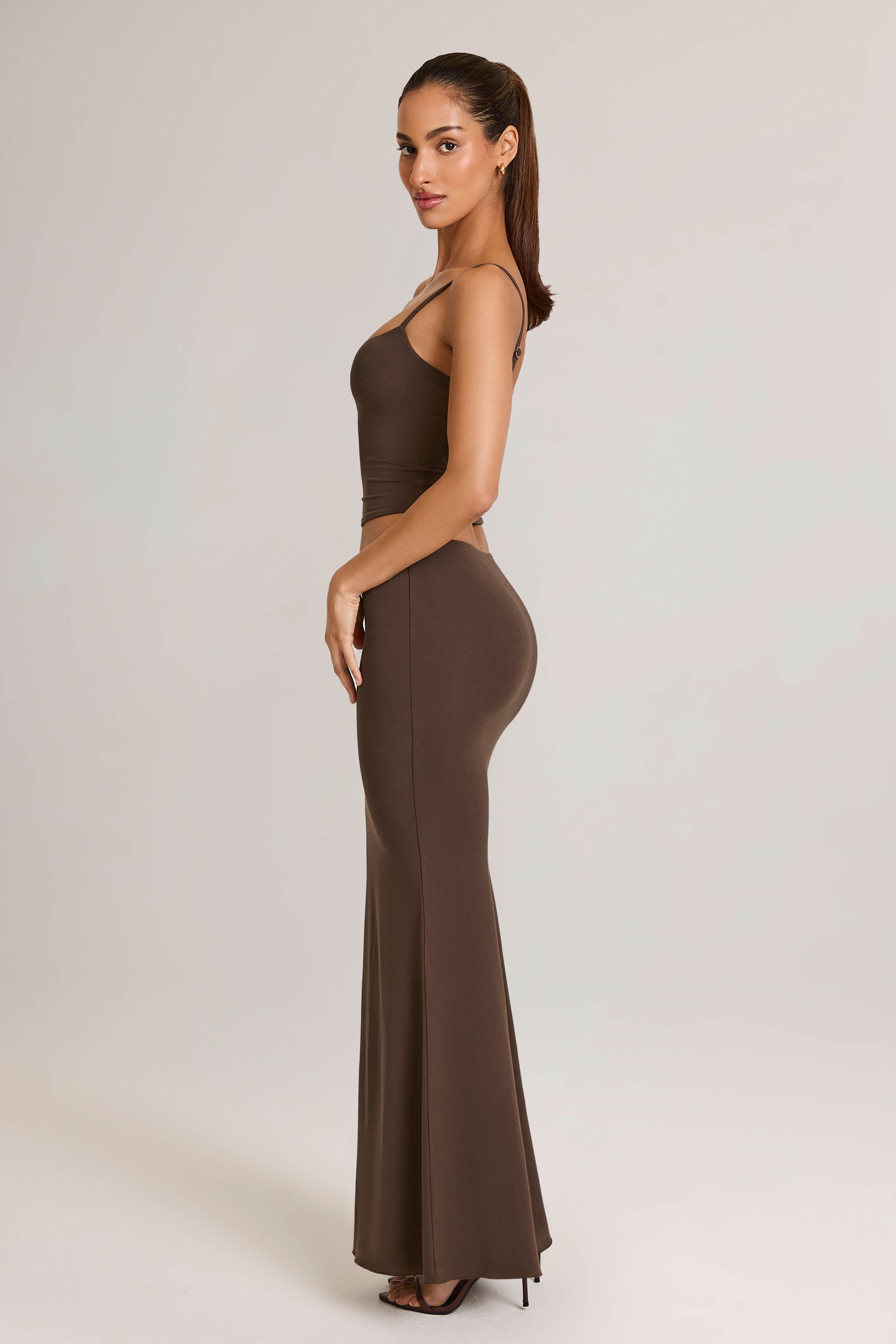 Avenley-Modal Mid-Rise Fishtail Maxi Skirt in Chocolate Brown