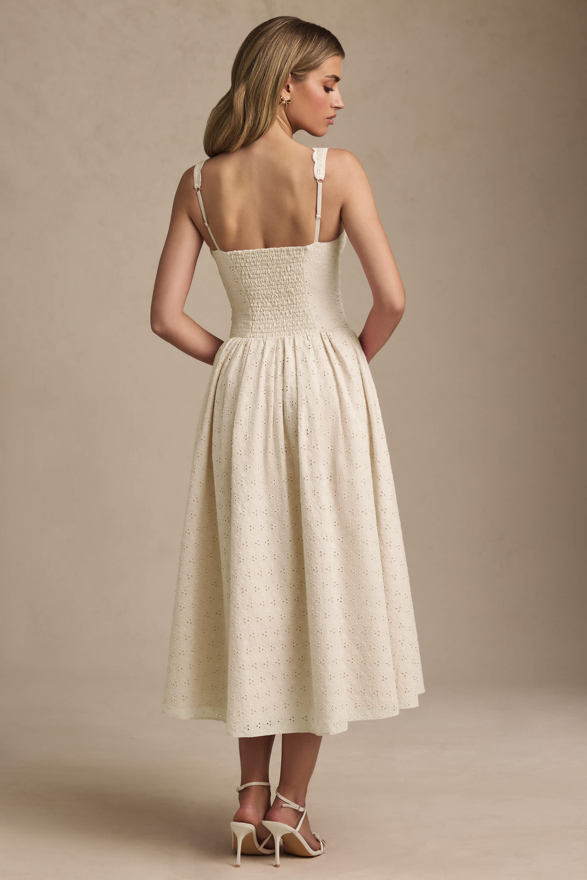 Saidey-Broderie Anglaise Bow-Detail A-Line Midaxi Dress in Ivory