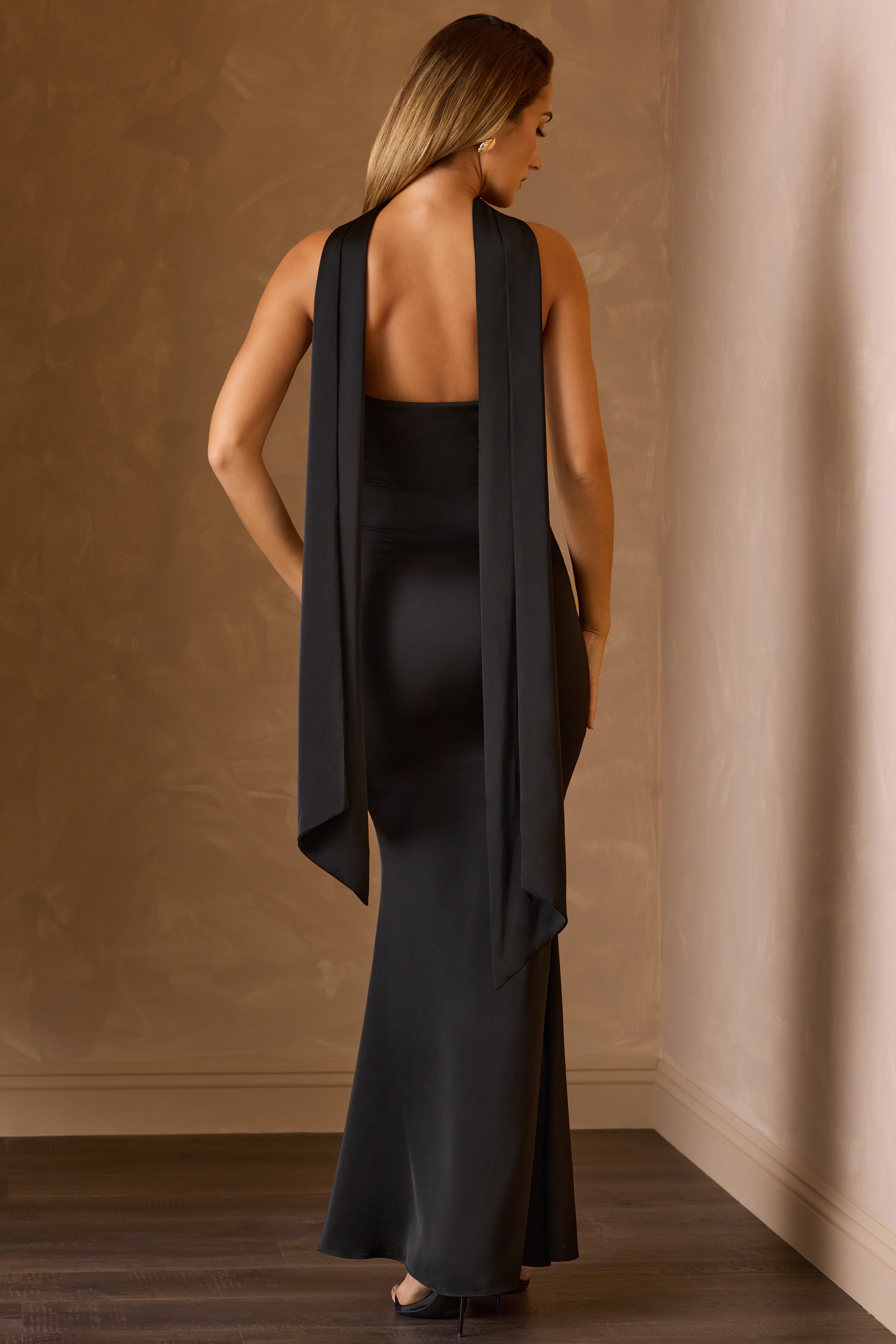 Mandi-Scarf-Detail Strapless Gown in Black