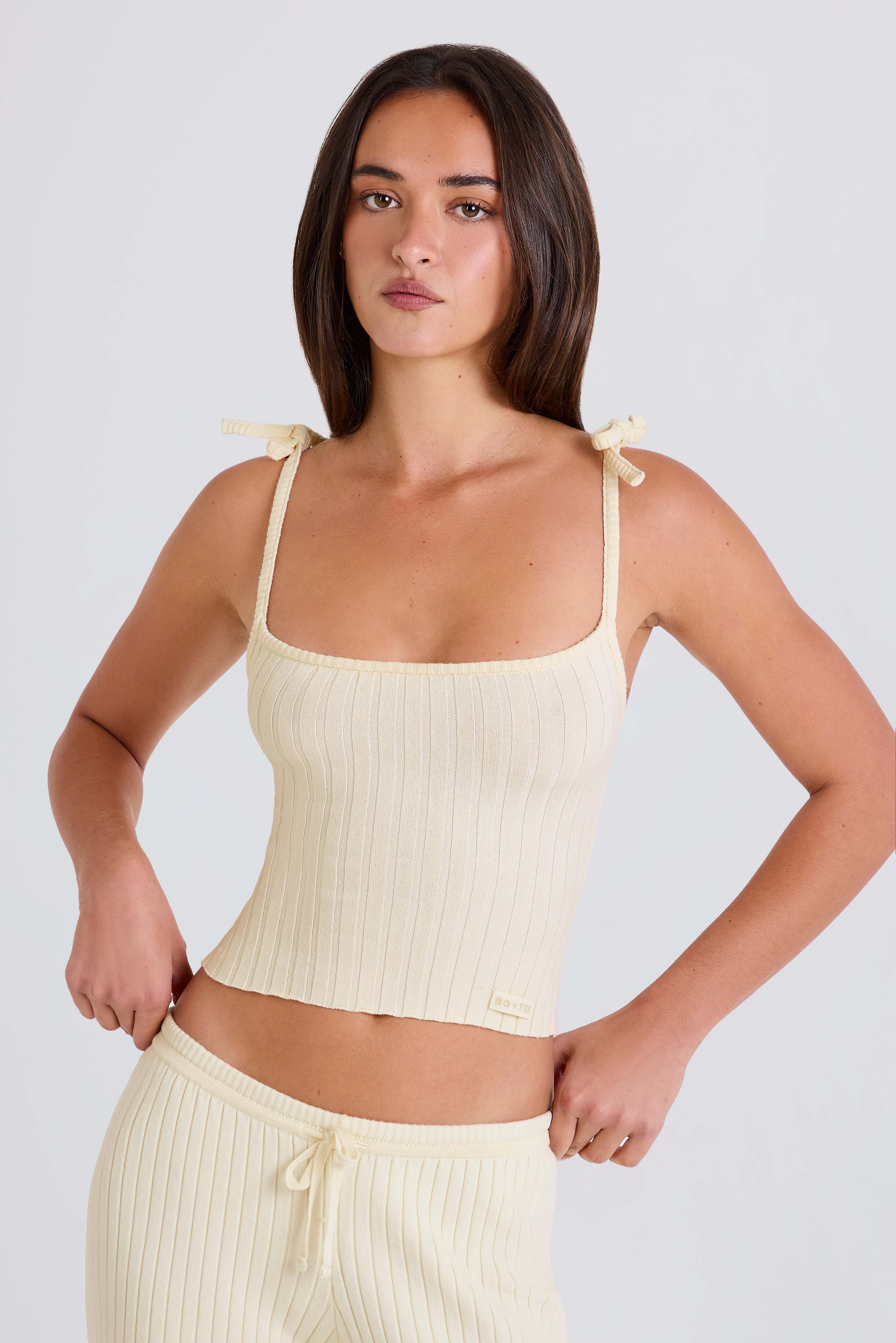 Ribbed Knit Tie Tank Top in Cream