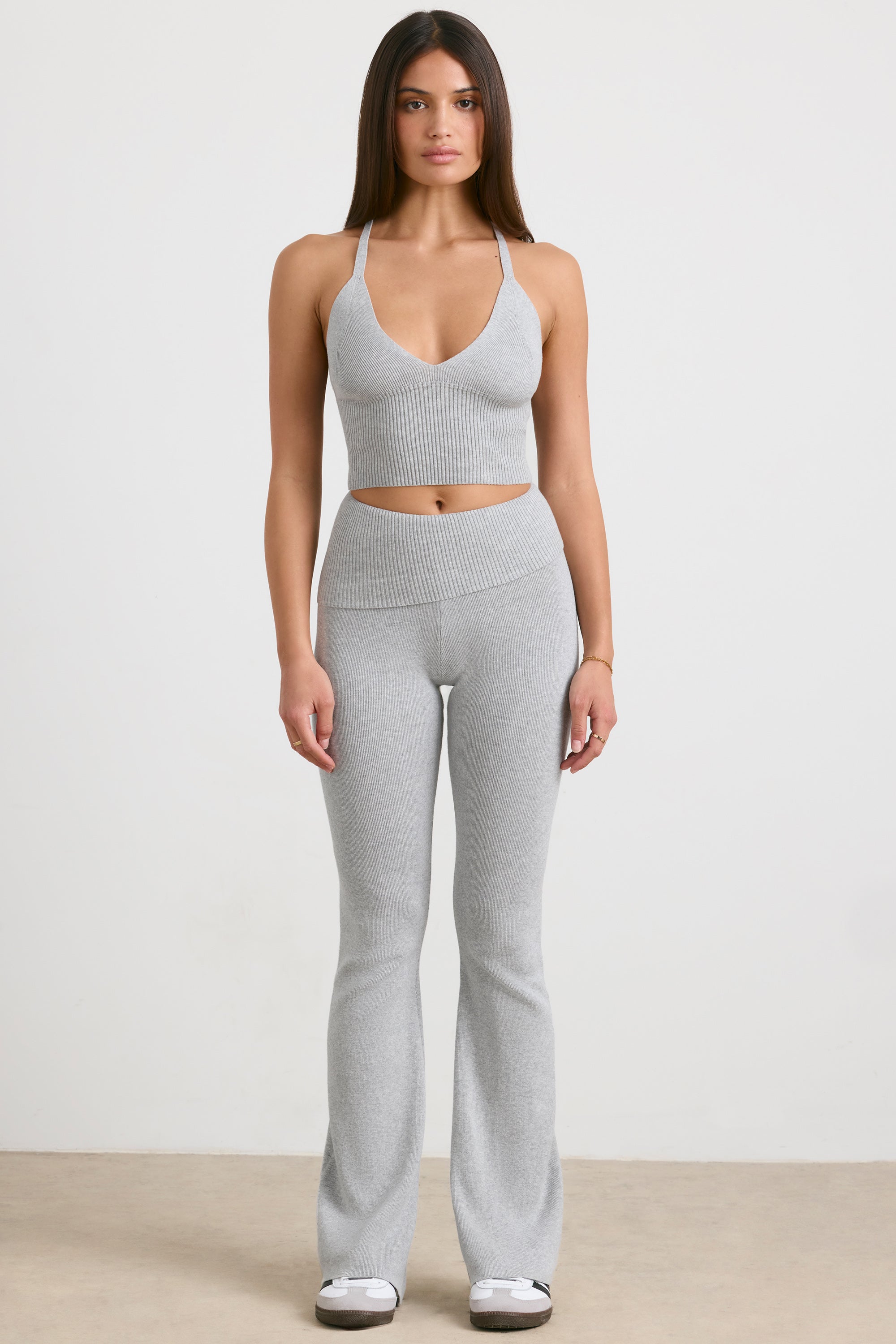 Fold Over Kick Flare Chunky Knit Trousers in Grey Marl