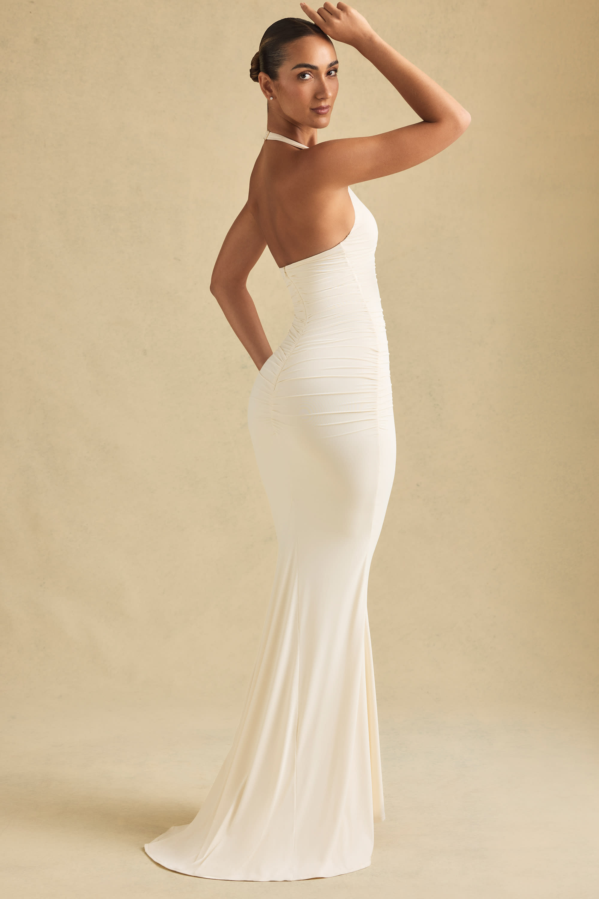 Laverna-Ruched Backless Halterneck Gown in Ivory