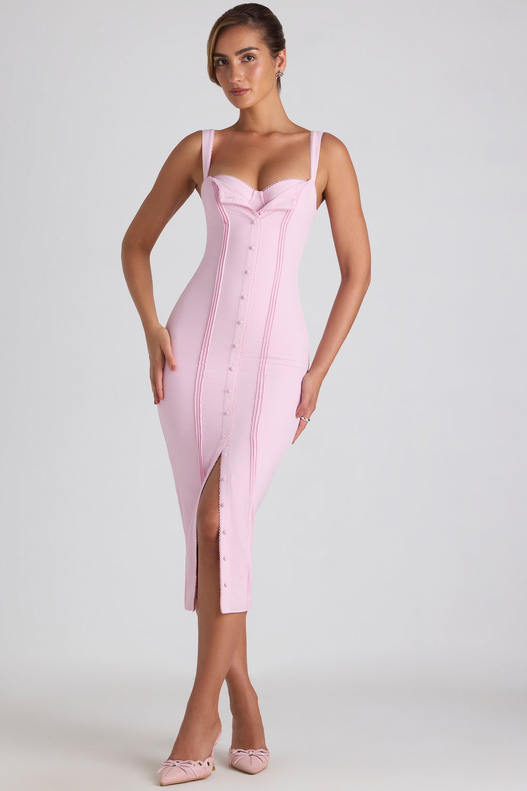 Theodora-Button-Detail Midaxi Dress in Soft Pink
