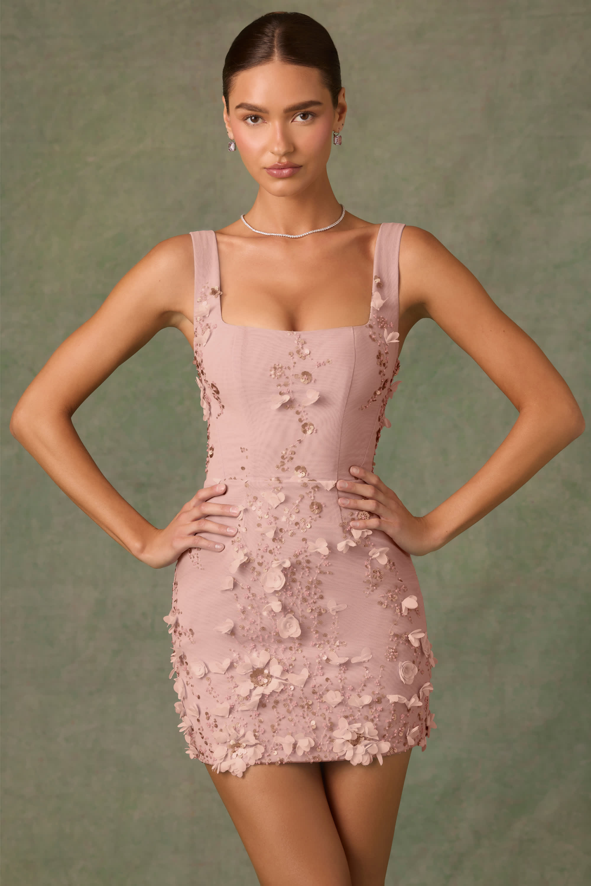Posy-Embellished Corset Mini Dress in Dusty Rose