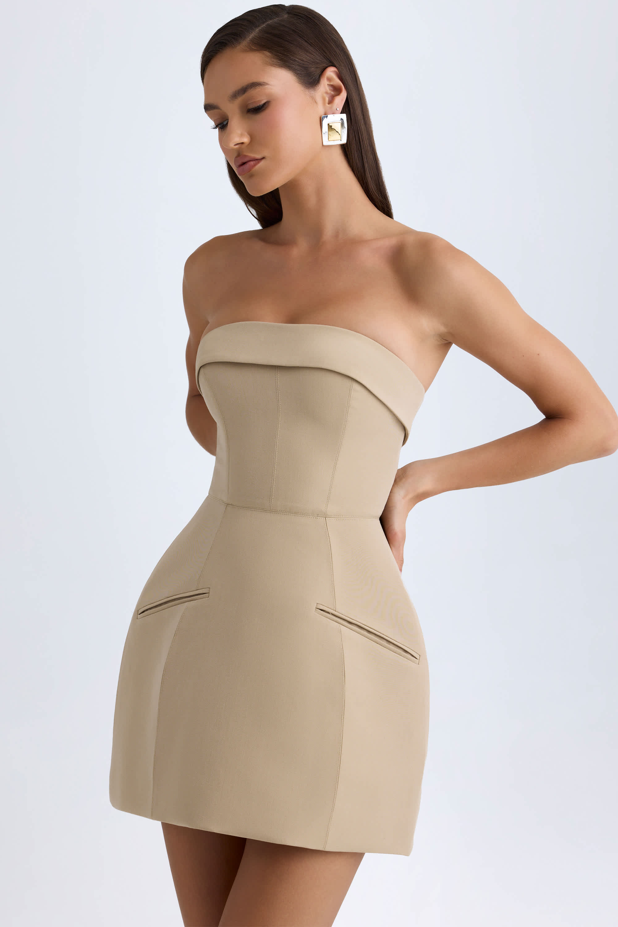 Talina-Foldover-Neck Structured Tulip Mini Dress in Camel