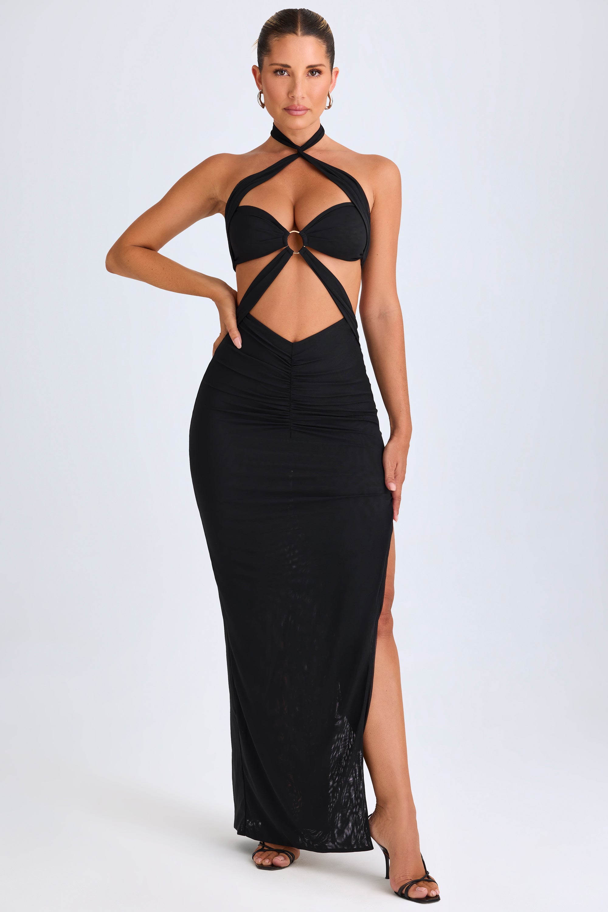 Bethania-Hardware Detail Cut-Out Halterneck Maxi Dress in Black