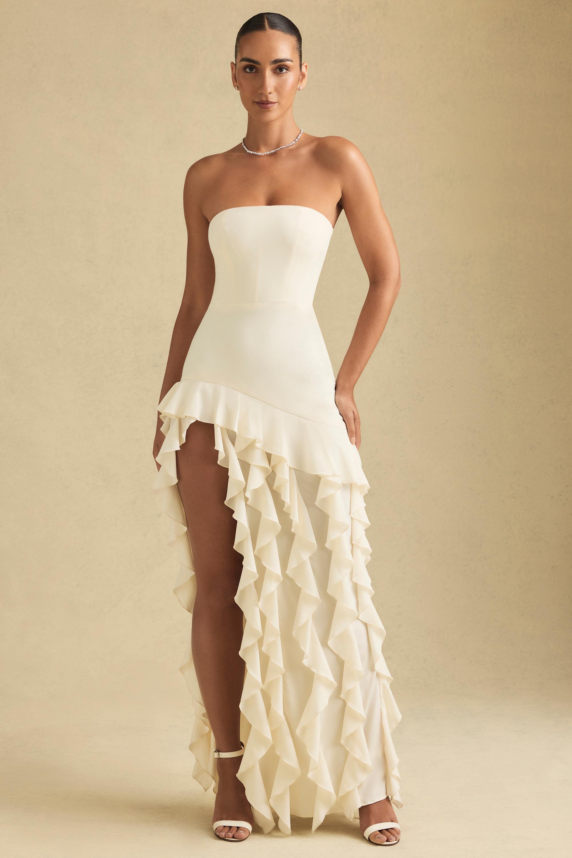 Diletta-Ruffle-Trim Strapless Gown in Ivory