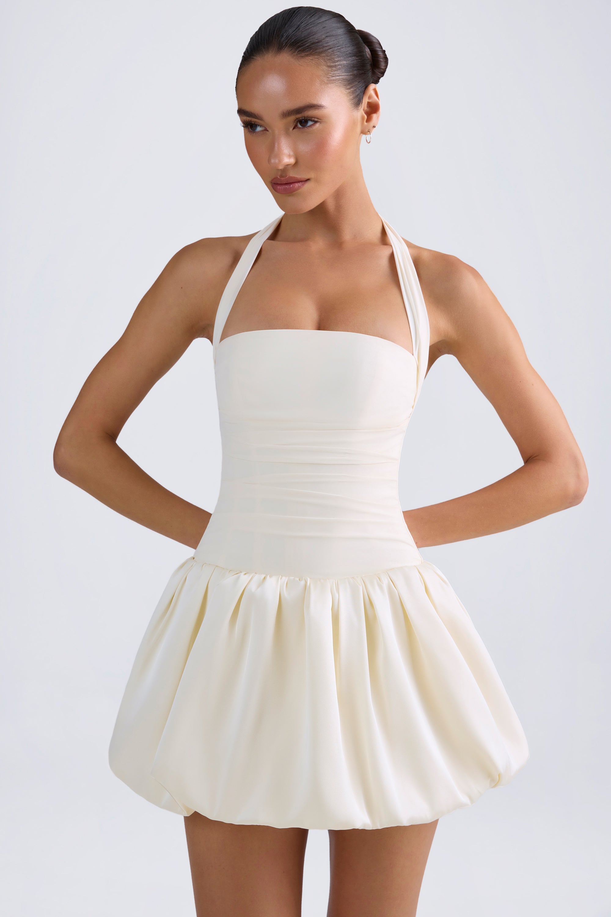 Ludmila-Halterneck Lace-Up Bubble Hem Corset Micro Mini Dress in Ivory